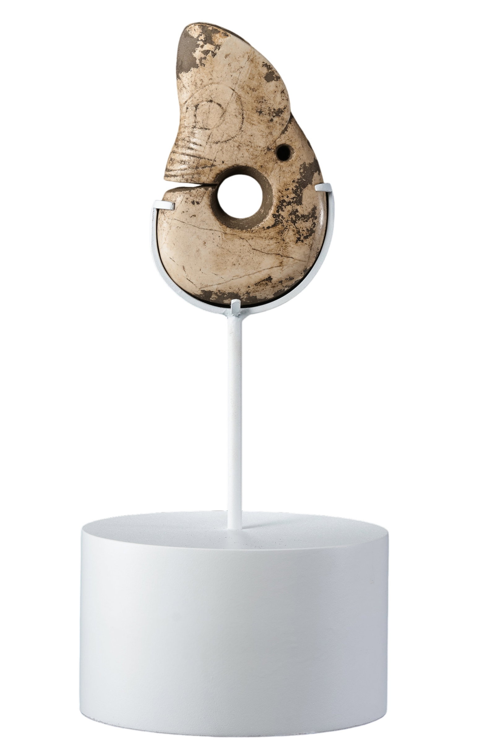 Neolithic Hongshan Culture Chicken-Bone White Hetian Jade “Pig-Dragon?? Pendant: circa 7500–2900 BCE; H. 10.5 cm (4.13 in; 0.34 ft); W. 7 cm (2.76 in; 0.23 ft); Weight: 300 gCondition & Provenance?Condition: Overall well preserved. The jade exhibits a characteristic chicken-bone