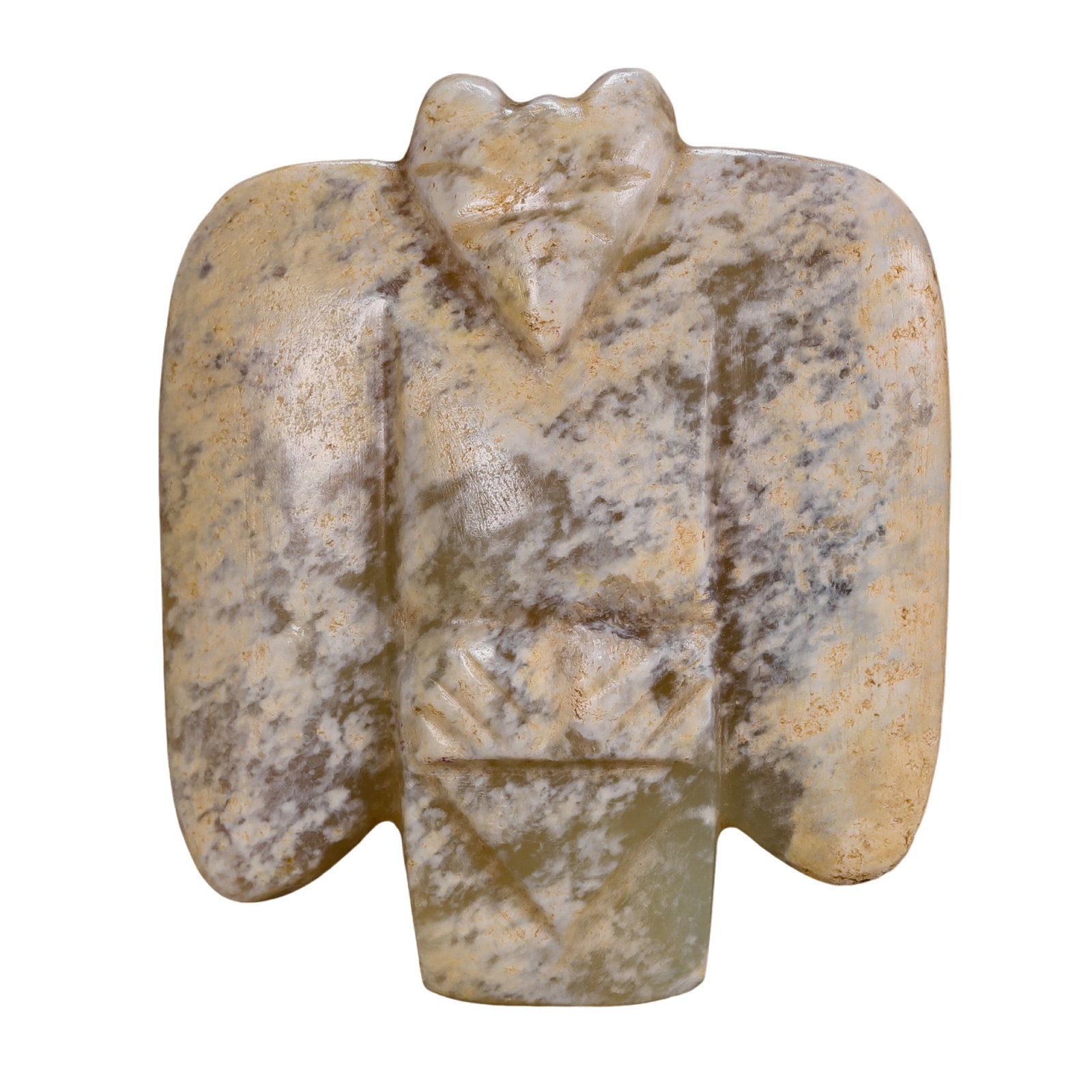 Neolithic Hongshan Culture Hemo Jade Bird-Form Pendant: 7500–2900 BCE; H. 5 cm (1.97 in), W. 4.5 cm (1.77 in); Wt. 26 gCondition & Provenance: Good condition, with natural coloration, calcification, jade texture, and age-related surface wear; formerly in