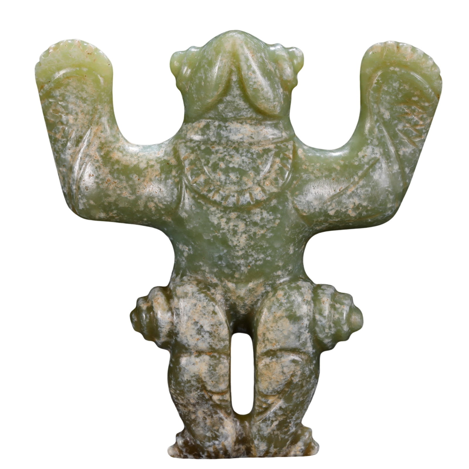 Neolithic Hongshan Culture Hemo Jade Frog-Man Form Pendant: 7500–2900 BCE; H. 10 cm (3.94 in), W. 10 cm (3.94 in); Wt. 189 gCondition & Provenance: Good condition, with natural coloration, calcification, jade texture, and age-related surface wear; formerly i