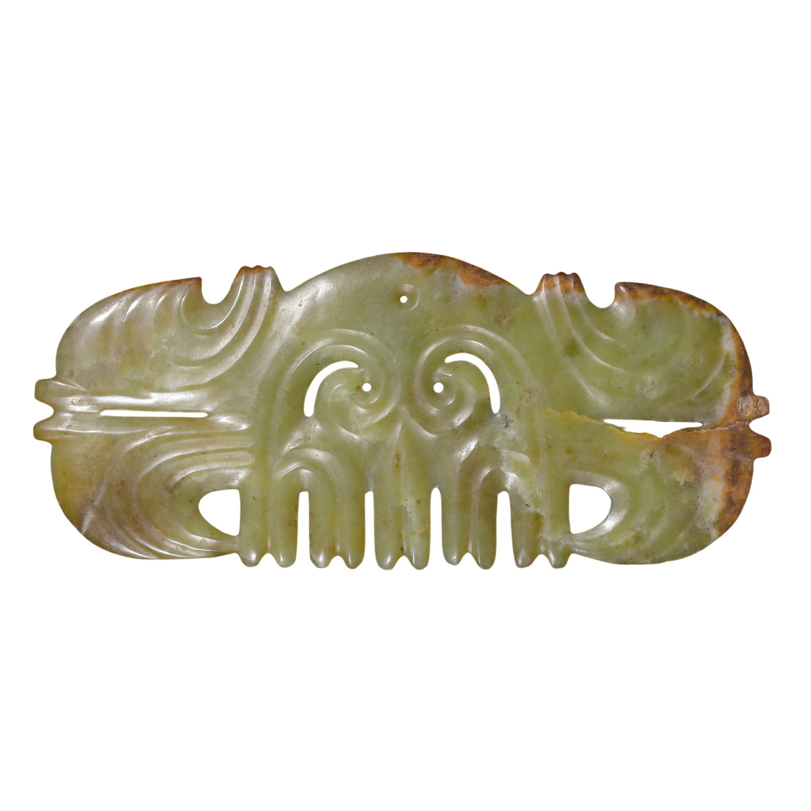Neolithic Hongshan Culture Hemo Jade Hooked-Cloud Pendant: 7500–2900 BCE; dimensions and weight not indicatedCondition & Provenance: Good condition, with natural coloration, calcification, jade texture, and age-related surface wear; formerly in the private 