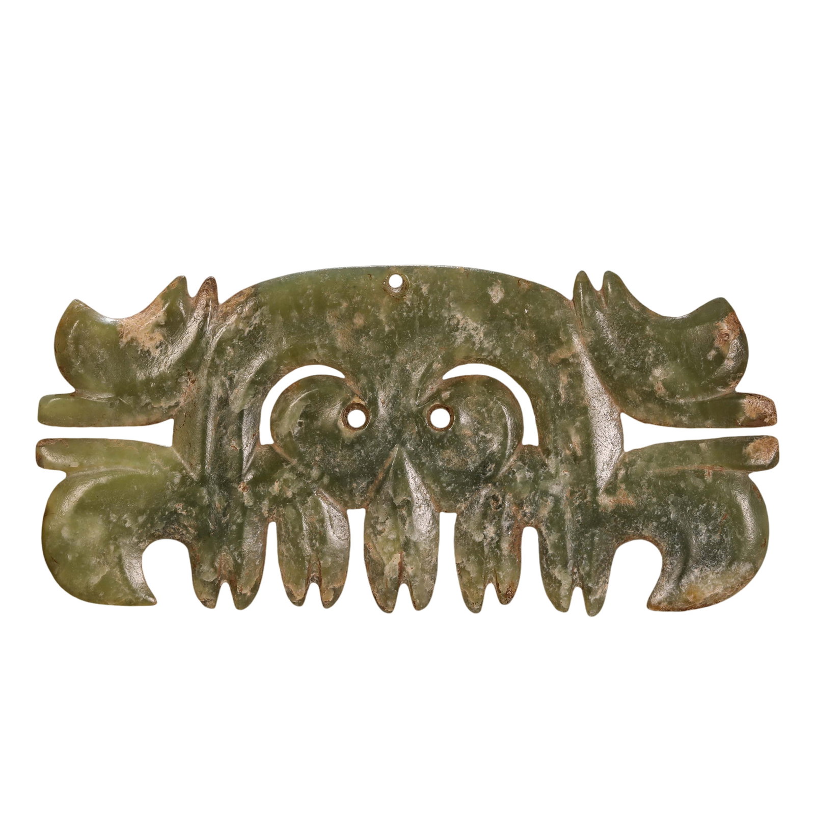 Neolithic Period, Hongshan Culture, River-Polished Jade Hooked-Cloud Pendant: 7500–2900 BCE; Length: 15.2 cm / 5.98 in / 0.50 ft; Height: 7 cm / 2.76 in / 0.23 ft; Weight: 83 g / 2.93 ozCondition & Provenance: Good overall condition, showing natural surface alteration, calcif