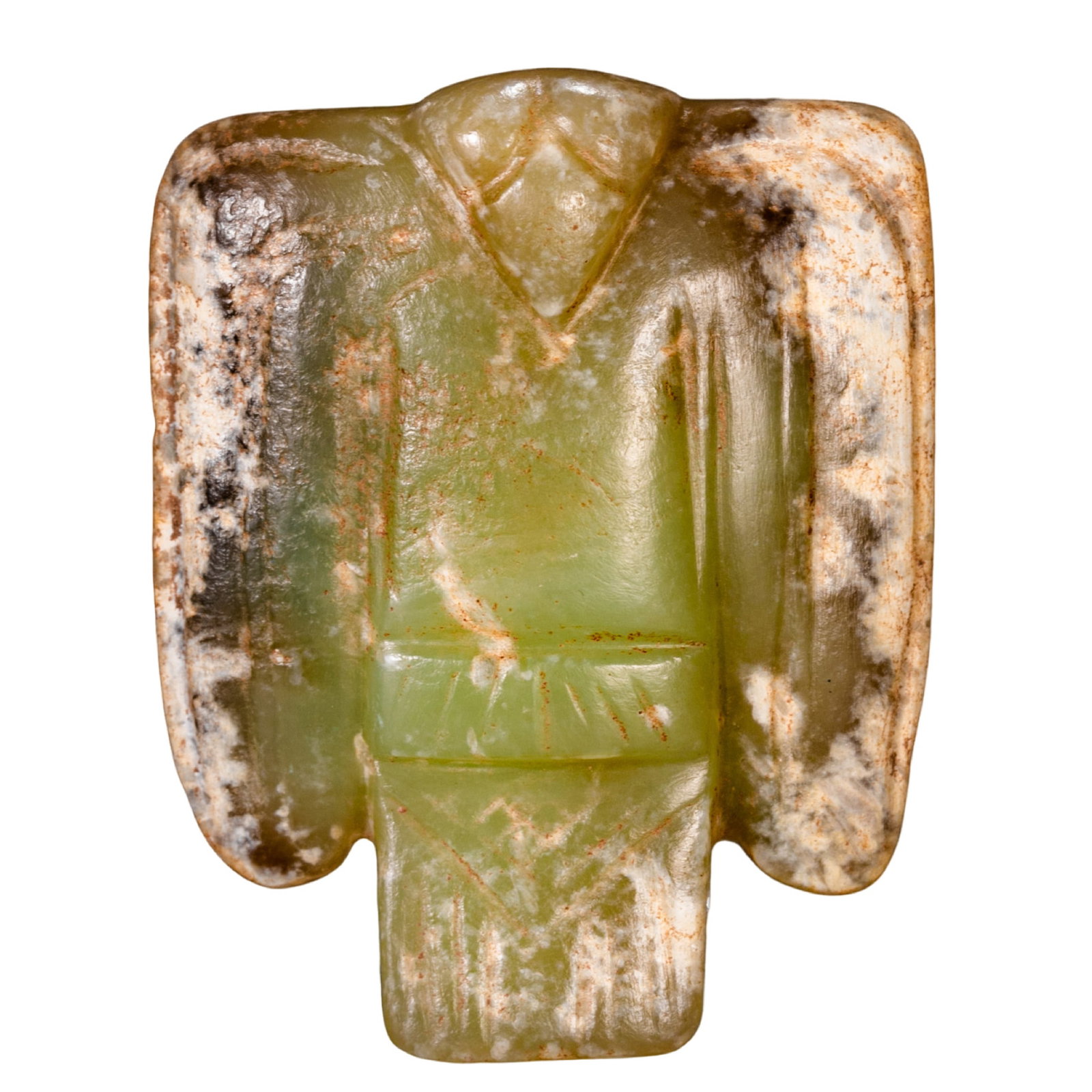 Neolithic Period, Hongshan Culture, River-Polished Jade Bird-Form Pendant: 7500–2900 BCE; Height: 5 cm / 1.97 in / 0.16 ft; Width: 4 cm / 1.57 in / 0.13 ft; Weight: 32 g / 1.13 ozCondition & Provenance: Good overall condition, showing natural surface alteration, white calc