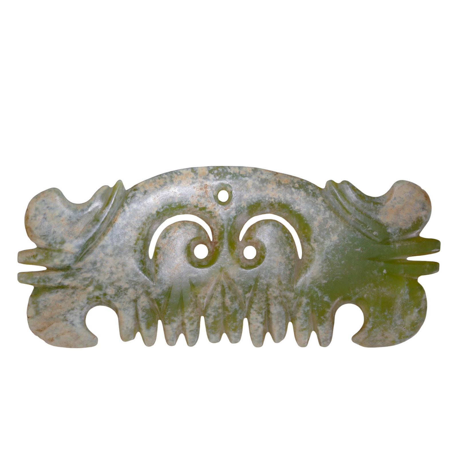 Neolithic Period, Hongshan Culture, River-Polished Jade Hooked-Cloud Pendant: 7500–2900 BCE; Length: 15.5 cm / 6.10 in / 0.51 ft; Height: 6.5 cm / 2.56 in / 0.21 ft; Weight: 92.7 g / 3.27 ozCondition & Provenance: Good overall condition, with natural surface alteration, pale 