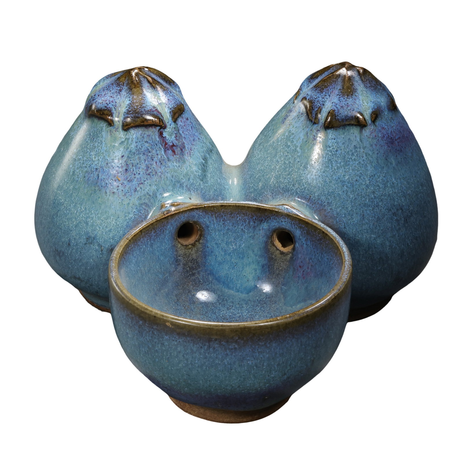 Song Dynasty Jun Ware Sky-Blue Glazed Double-Peak Brush Washer: 10th–13th Century; H. 7.5 cm, L. 12 cm; H. approx. 2.95 in, L. approx. 4.72 inCondition and Provenance: Good condition, overall intact form, with a thick, lustrous glaze, natural kiln-transmutation 