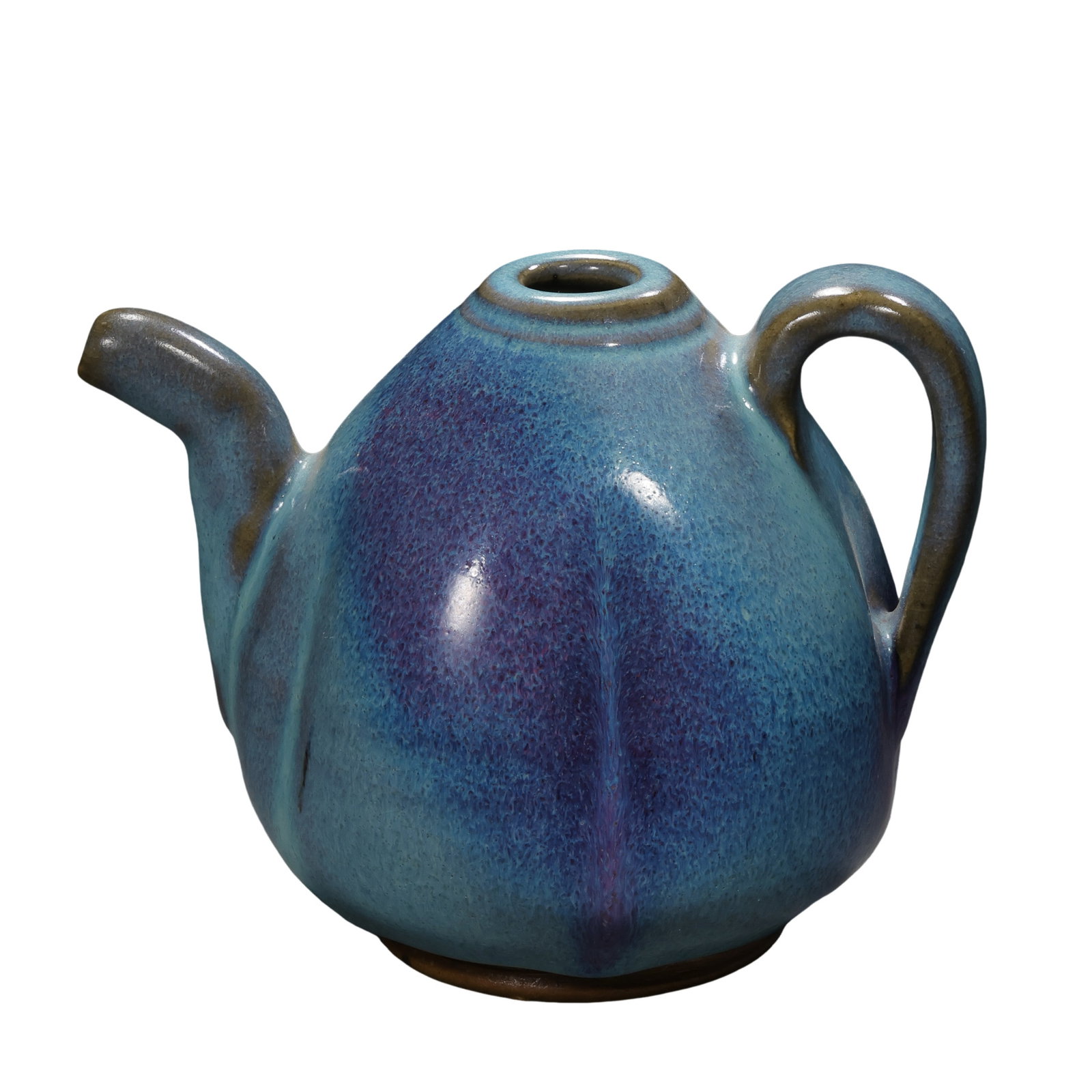 Song Dynasty Jun Ware Sky-Blue and Purple-Splashed Melon-Lobed Ewer: 10th–13th Century; H. 11 cm, L. 13.6 cm; H. approx. 4.33 in, L. approx. 5.35 inCondition and Provenance: Good condition, overall intact form, with a thick lustrous glaze, natural kiln-transmutation 