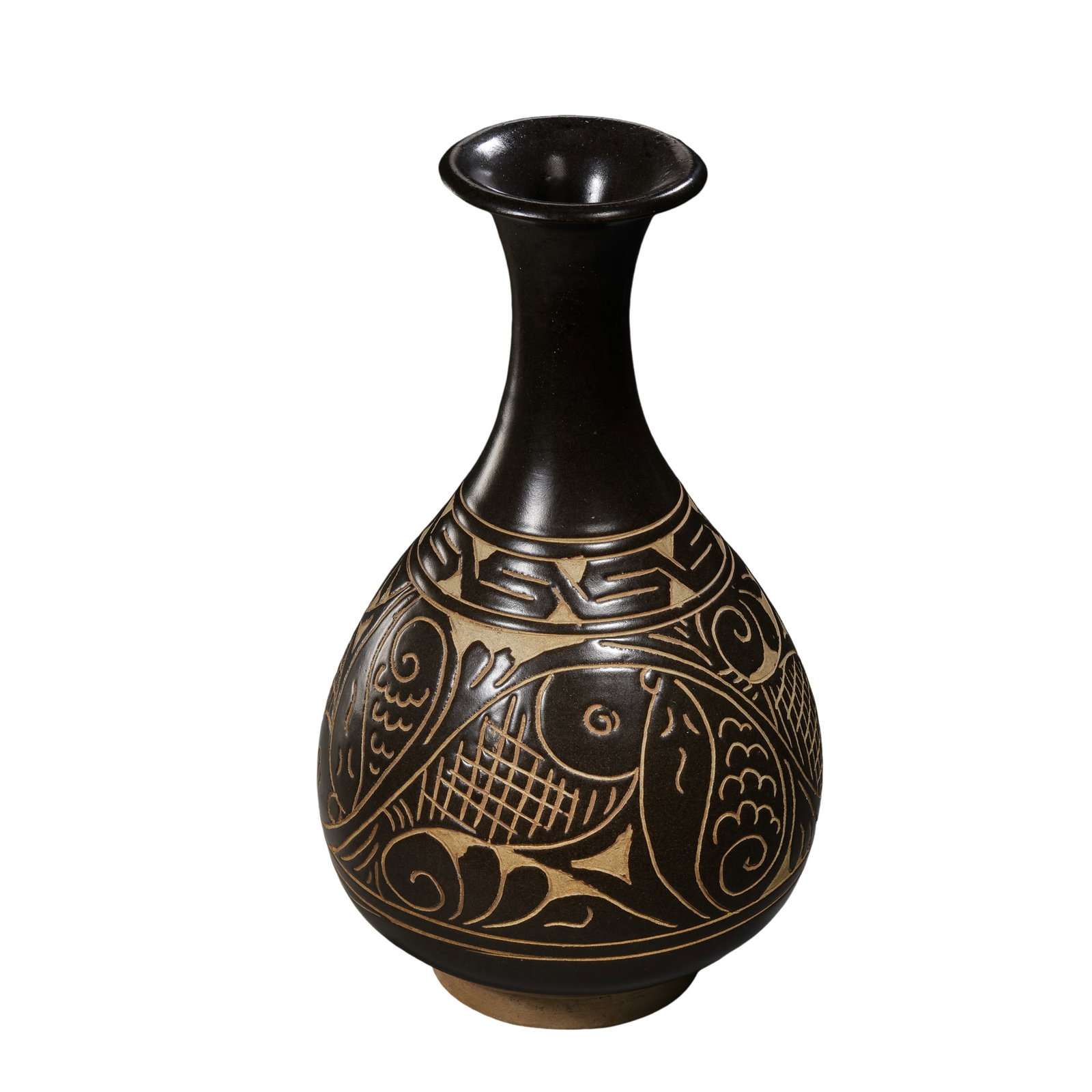 Song Dynasty Cizhou Ware Black-Glazed Carved Yuhuchun Vase with Fish Design: 10th–13th Century; H. 24 cm; H. approx. 9.45 in This vase follows the classic yuhuchun form of the Song Dynasty, with a flared mouth, slender neck, sloping shoulders, rounded body, and neatly finish
