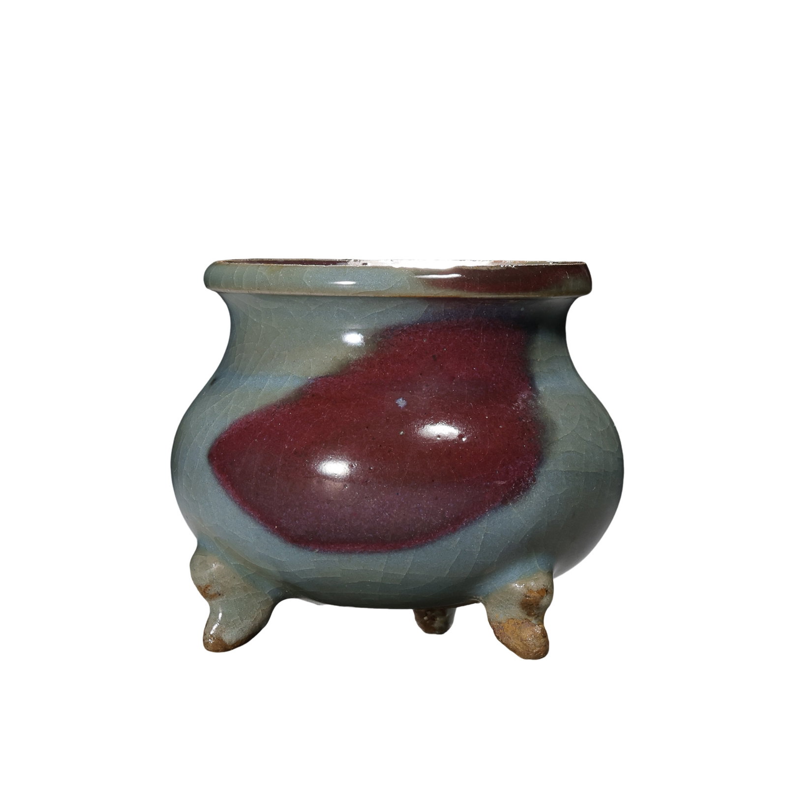 Song Dynasty Jun Ware Sky-Blue and Purple-Splashed Tripod Censer: 10th–13th Century; H. 5.2 cm, Diam. 5.5 cm; H. approx. 2.05 in, Diam. approx. 2.17 inCondition and Provenance: Good condition, with an overall intact form, lustrous glaze surface, natural crackling,