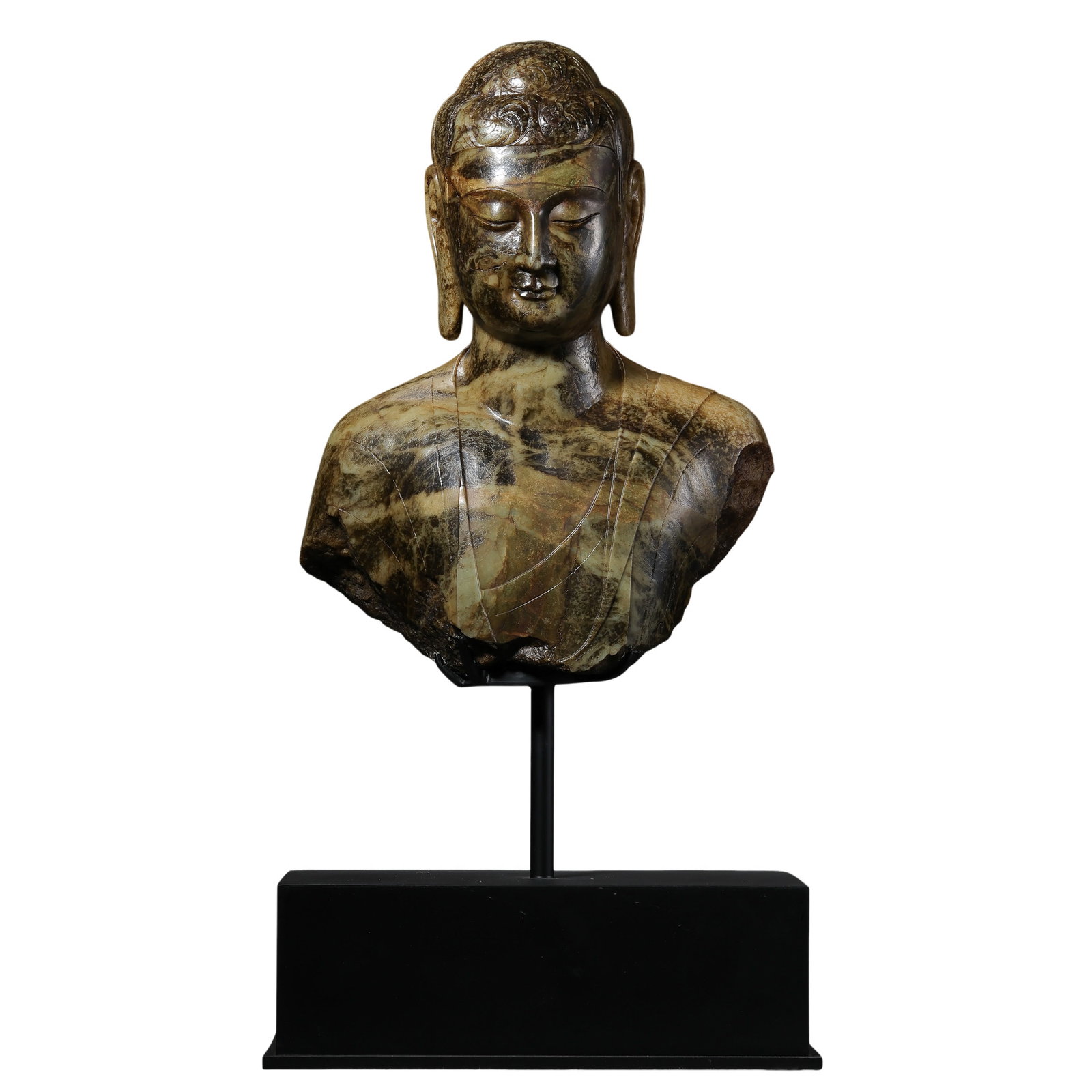 Tang Dynasty Hetian Jade Bust of Buddha: 7th–10th Century; Buddha H. 44 cm, W. 32 cm; overall H. with stand 71 cm; Buddha H. approx. 17.32 in, W. approx. 12.60 in; overall H. approx. 27.95 inCondition and Provenance: Good condition, with t