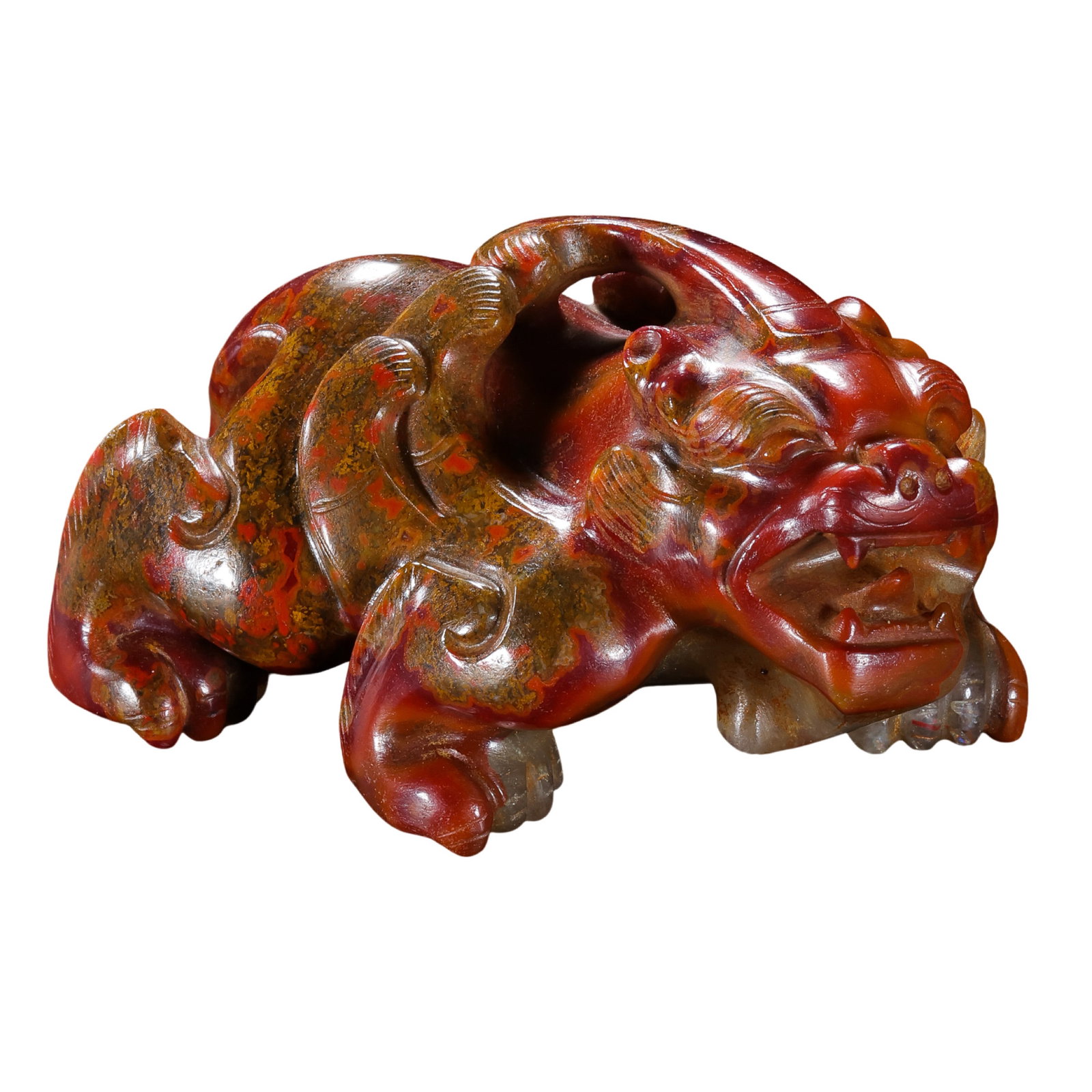 Chinese Warring States Period Red Agate Mythical Beast: 5th–3rd Century BCE; L. 8 cm, H. 4 cm; Weight 162 g; L. approx. 3.15 in, H. approx. 1.57 inCondition and Provenance: Good condition, with the overall form intact, a smooth polished surface, natural 