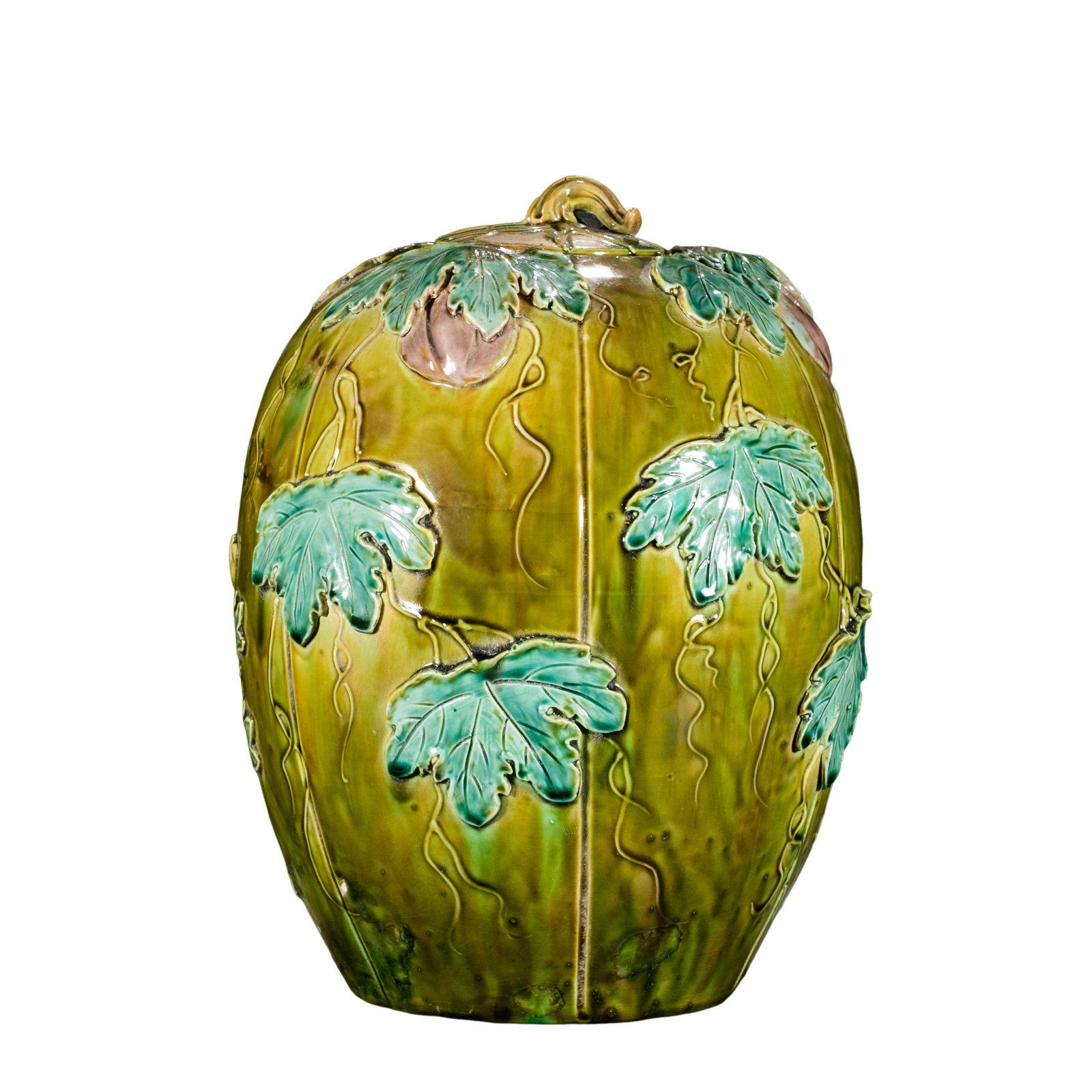 Qing Dynasty Famille-Rose Covered Jar with Melon-Vine Design: 18th–19th Century; H. 26 cm, W. 17 cm; H. approx. 10.24 in, W. approx. 6.69 inCondition and Provenance: Good condition, with the overall form intact, a glossy glaze surface, minor firing traces, nat