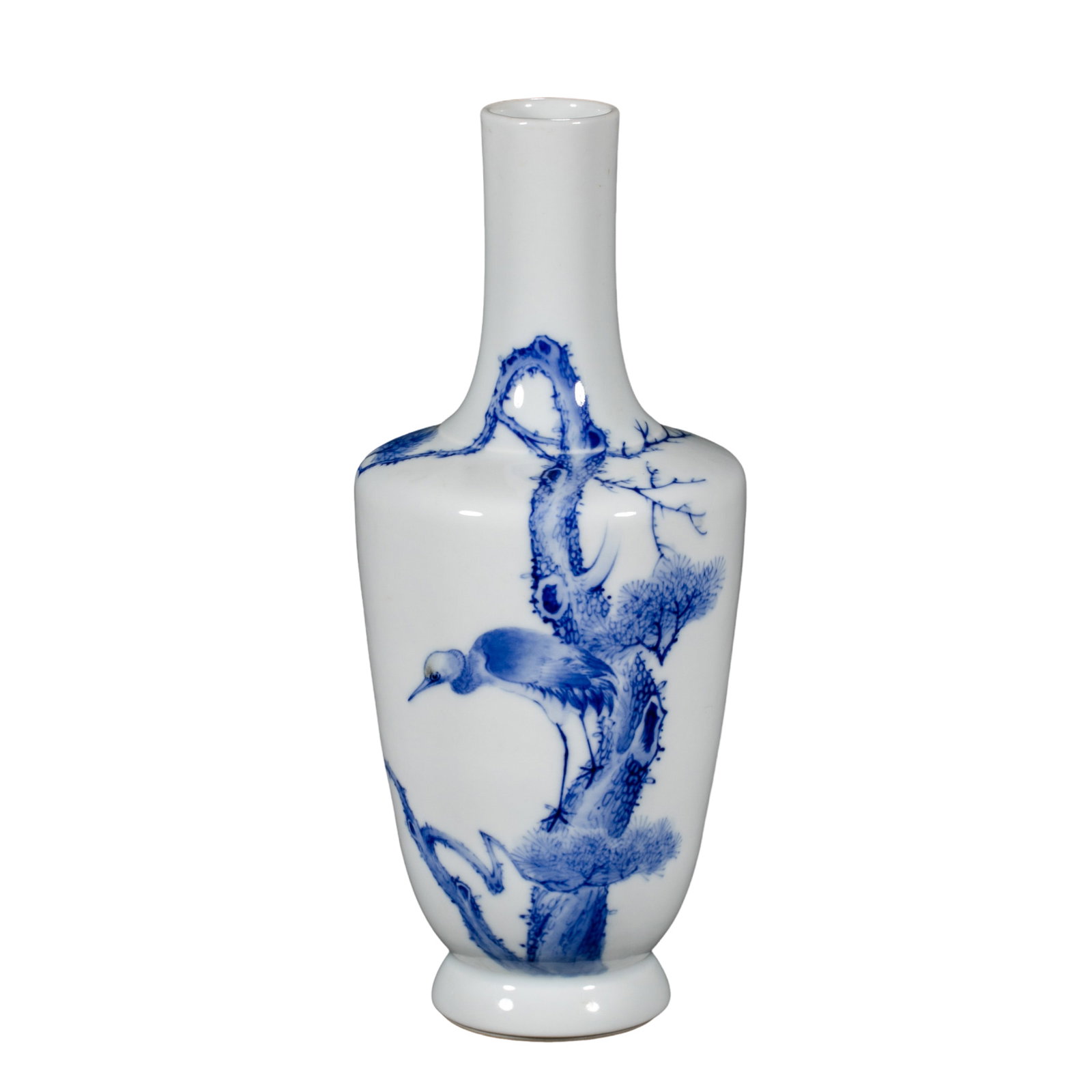 20th-Century Wang Bu-Style Blue-and-White Vase with Crane and Pine Design: 20th Century; H. 21 cm; H. approx. 8.27 inCondition and Provenance: Good condition, with the overall form intact, glossy glaze, elegant cobalt-blue tones, and minor signs of handling and natural firin