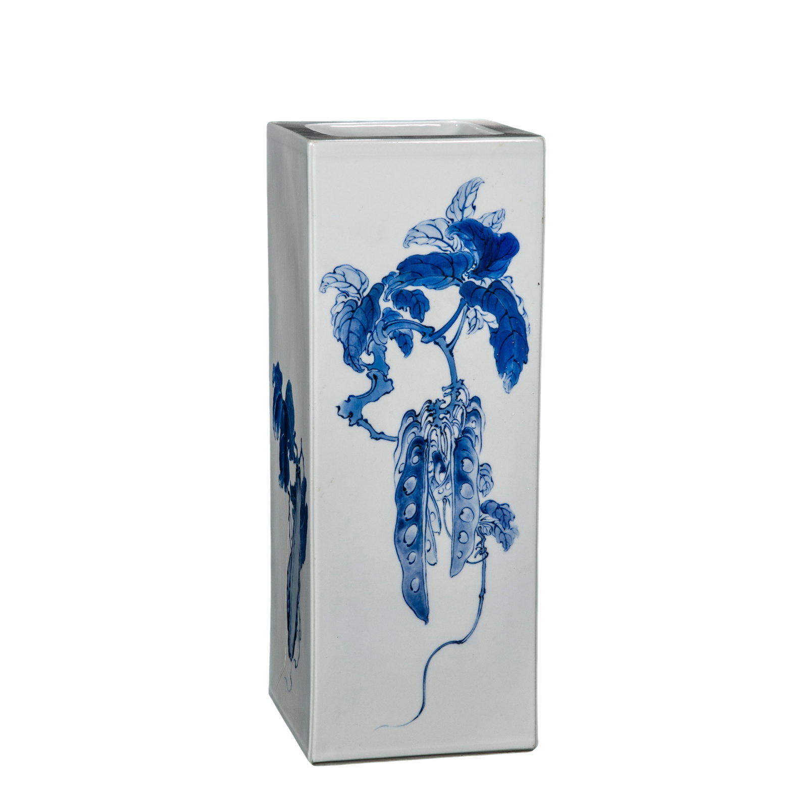 20th-Century Wang Bu-Style Blue-and-White Square Vase with Gourd-Vine Design: 20th Century; H. 43 cm, W. 16 cm; H. approx. 16.93 in, W. approx. 6.30 inCondition and Provenance: Good condition, with the overall form intact, glossy glaze, and elegant cobalt-blue decoration; a fin
