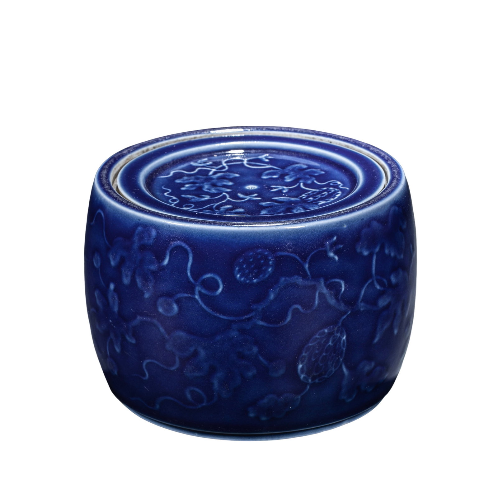 Ming Dynasty Xuande Blue-and-White Cricket Jar with Floral Scroll and Auspicious Bird Design: 15th Century; H. 13 cm, Diam. 14 cm; Condition and Provenance: Good condition, with the overall form intact, glossy glaze, rich cobalt-blue decoration, and minor firing traces, handling wear, and age-