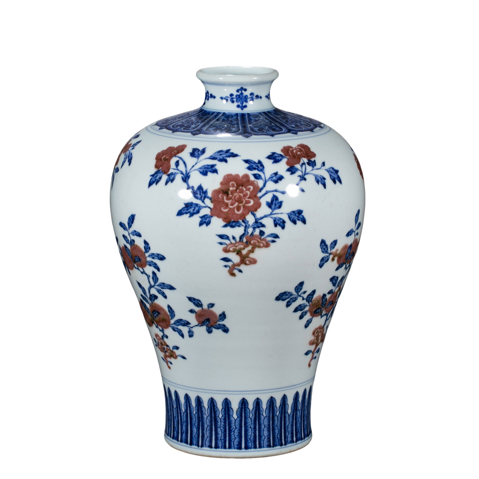 Qing Dynasty Qianlong Blue-and-White and Copper-Red Floral Meiping Vase: 18th Century; H. 34 cm, mouth Diam. 7 cm; H. approx. 13.39 in, mouth Diam. approx. 2.76 inCondition and Provenance: Good condition, with the overall form intact, glossy glaze, stable cobalt-blue tones