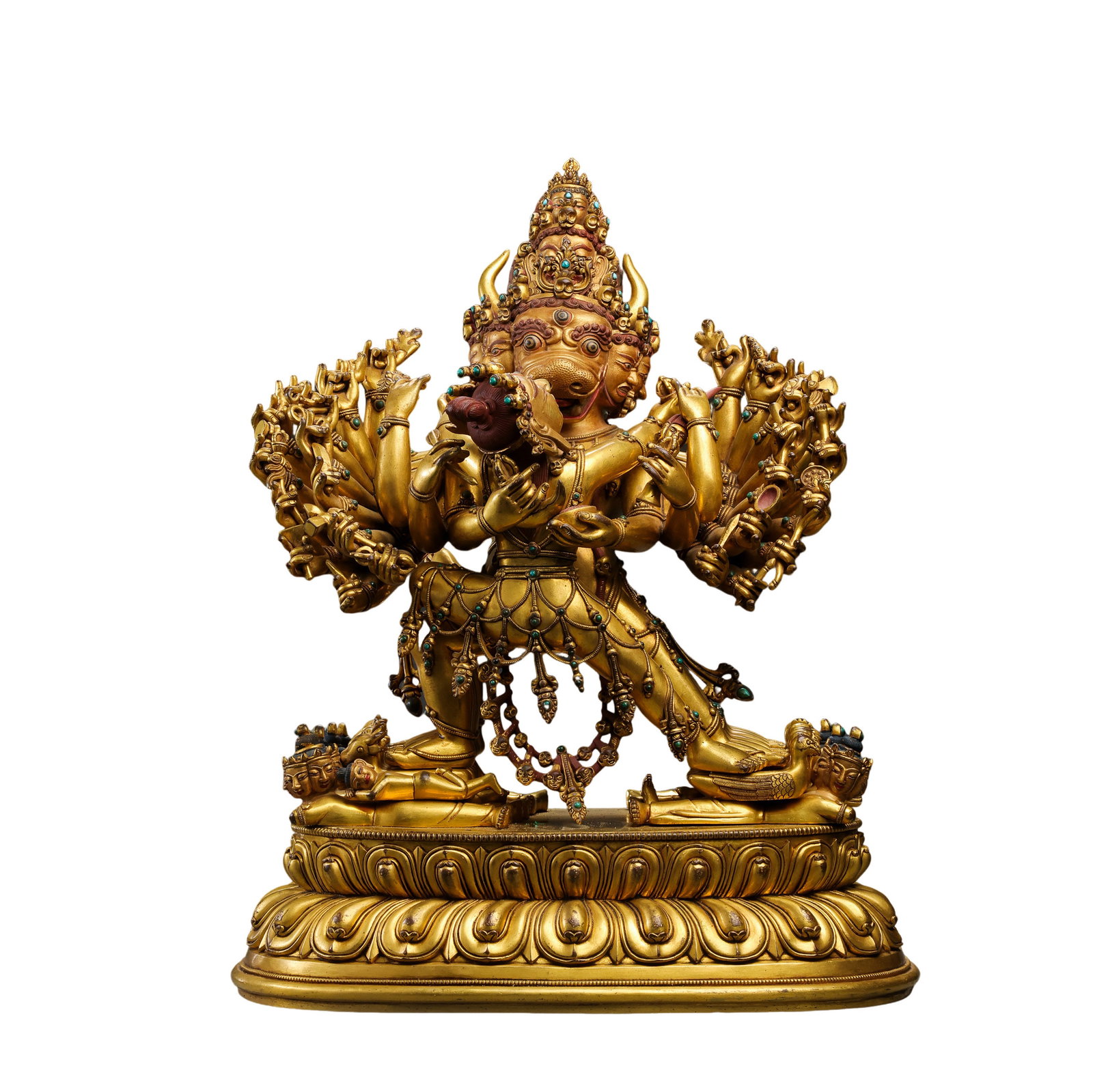 15th-Century Tibetan Gilt-Bronze Yamantaka Vajrabhairava: 15th Century; H. 39.5 cm, W. 32 cm; Weight 16750 g; H. approx. 15.55 in, W. approx. 12.60 inCondition and Provenance: Good condition, with the overall structure intact, natural wear to the gilding, su