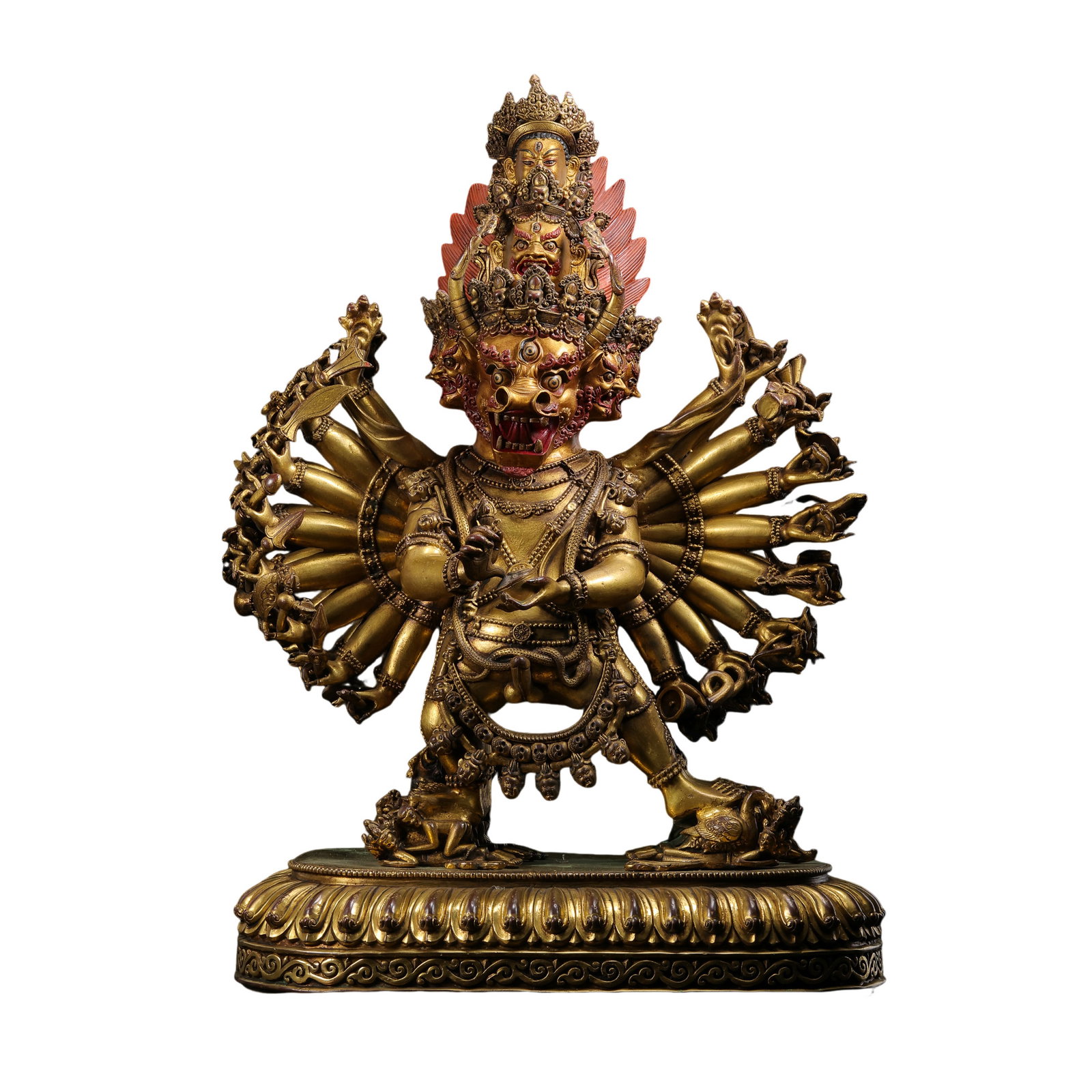 15th-Century Tibetan Gilt-Bronze and Polychrome Yamantaka Vajrabhairava: 15th Century; H. 47.5 cm, W. 32 cm; Weight 17322 g; H. approx. 18.70 in, W. approx. 12.60 inCondition and Provenance: Good condition, with the overall structure intact, natural wear to the gilding, we