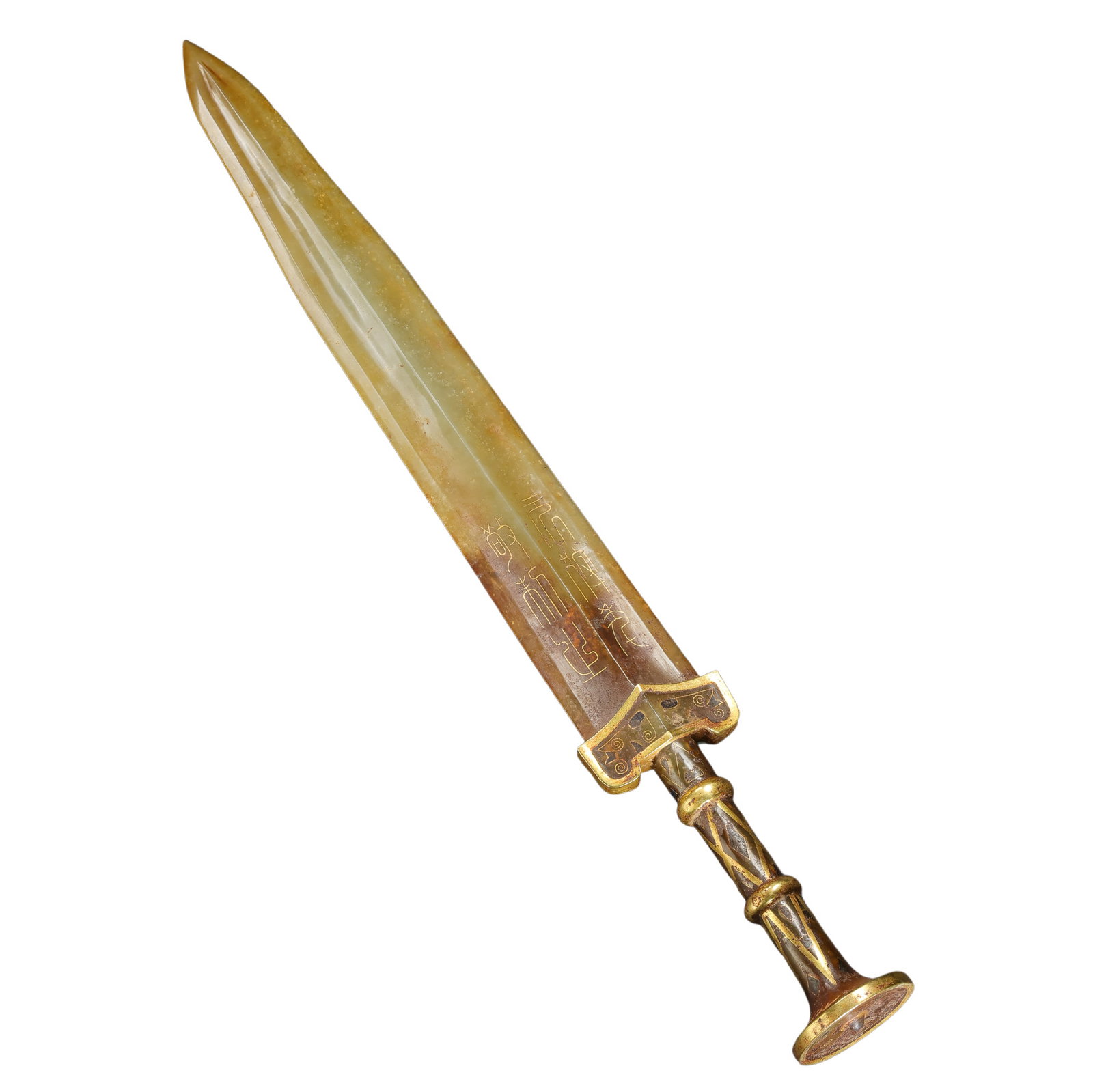 Warring States Period Hetian Jade Sword with Gold-Inlaid Decoration: 5th–3rd Century BCE; L. 46.5 cm; Weight 355 g; L. approx. 18.31 inCondition and Provenance: Good condition, with the overall form intact, warm jade texture, natural coloration, mineral veining, surf