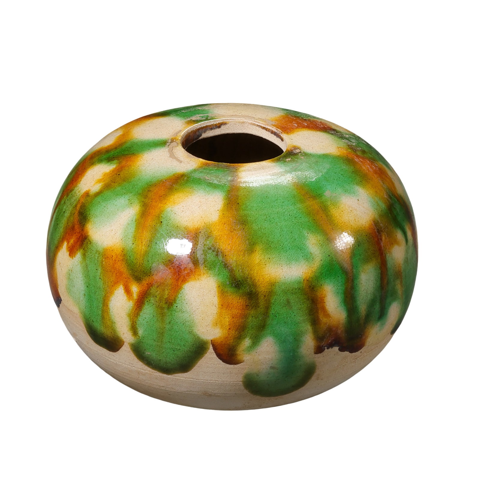 Tang Dynasty Sancai Green and Amber-Glazed Globular Jar: 7th–10th Century; H. 6.5 cm, body Diam. 8.5 cm; H. approx. 2.56 in, body Diam. approx. 3.35 inCondition and Provenance: Good condition, with the overall form intact, lustrous glaze, natural cracklin