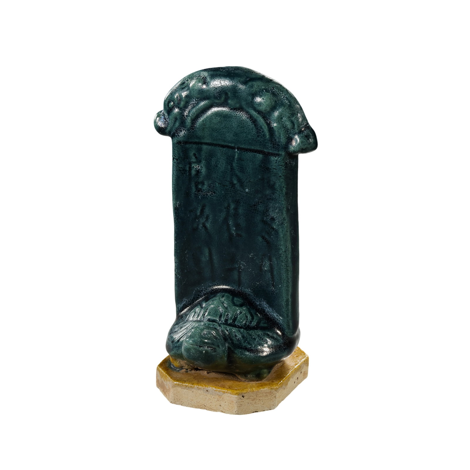 Tang Dynasty Blue-Glazed Stele-Form Ceramic Stand on Turtle Base: 7th–10th Century; H. 10.7 cm, W. 6 cm; H. approx. 4.21 in, W. approx. 2.36 inCondition and Provenance: In good condition, with the form intact, naturally aged glaze, visible crackling, minor wear, a