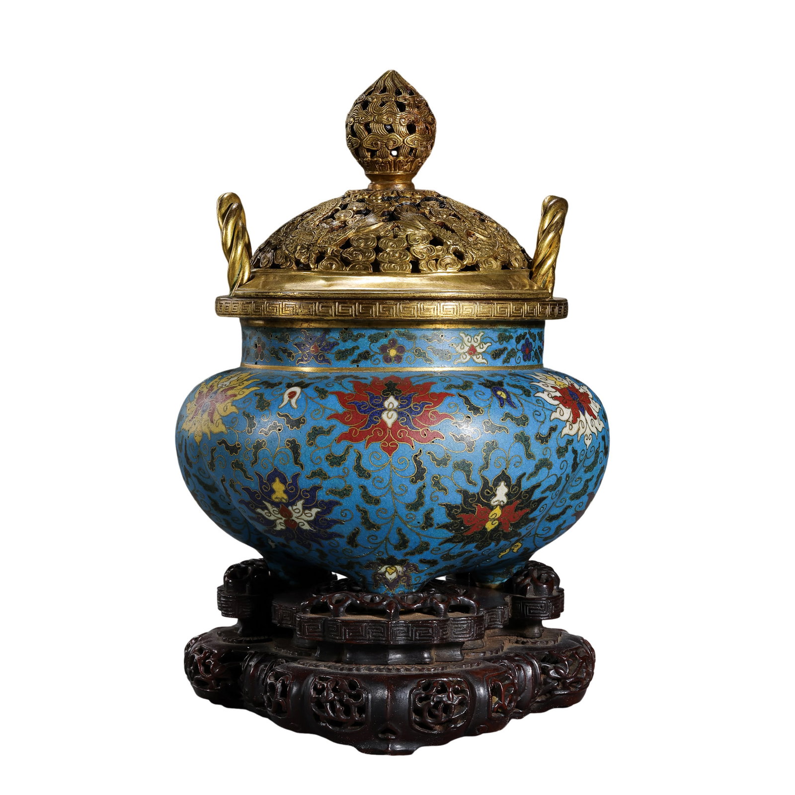 Qing Dynasty Cloisonné Enamel Censer with Lotus Scroll Design: 18th–19th Century; H. 23 cm, W. 12 cm; Weight 1512 g; H. approx. 9.06 in, W. approx. 4.72 inCondition and Provenance: Good condition, with the overall form intact, gilt-bronze cover well preserved, 