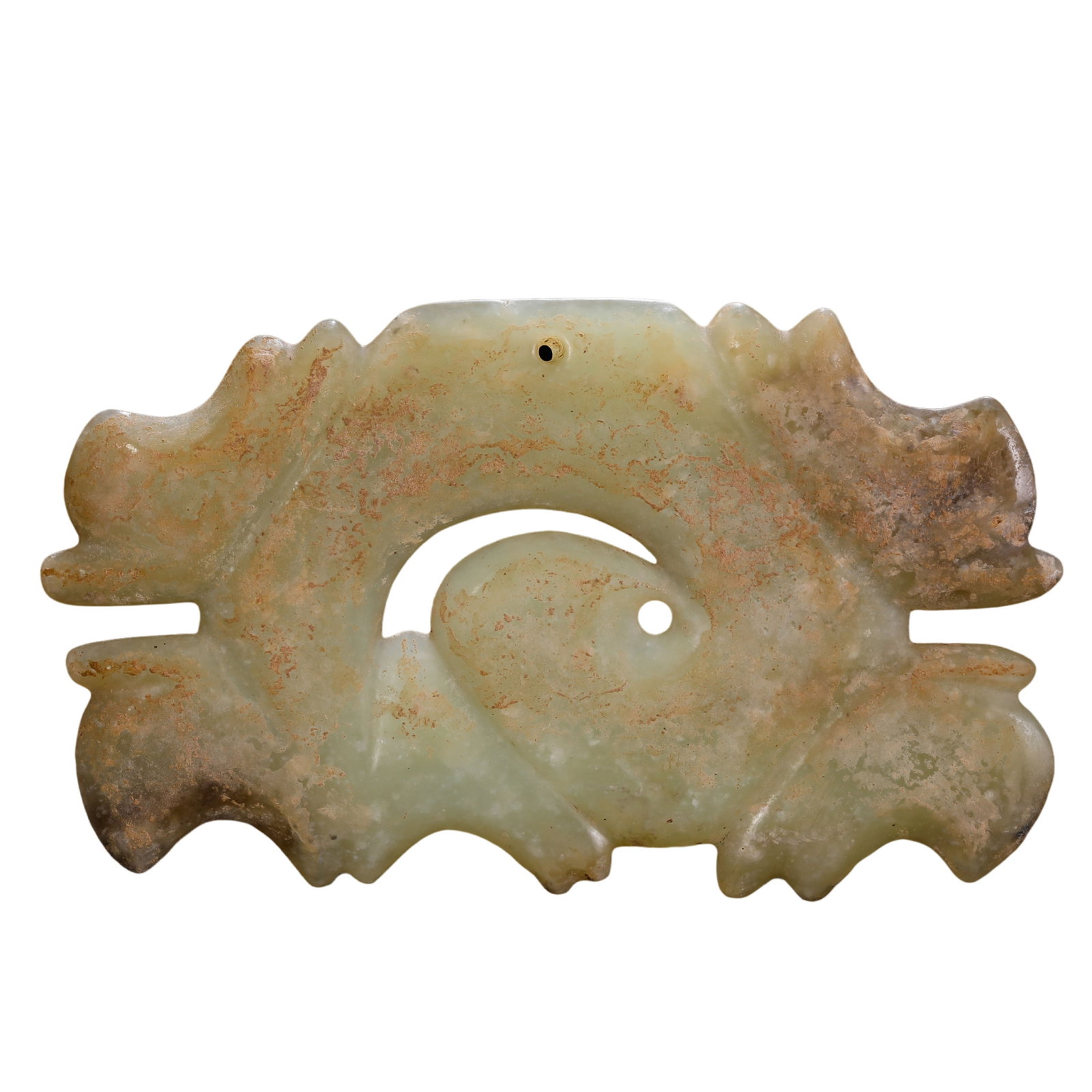Neolithic Hongshan Culture Hemo Jade Hooked-Cloud Pendant: 7500–2900 BCE; L. 12.5 cm, H. 7 cm; Weight 100 g; L. approx. 4.92 in, H. approx. 2.76 inCondition and Provenance: Good condition, with the overall form intact, warm jade texture, natural staining, c