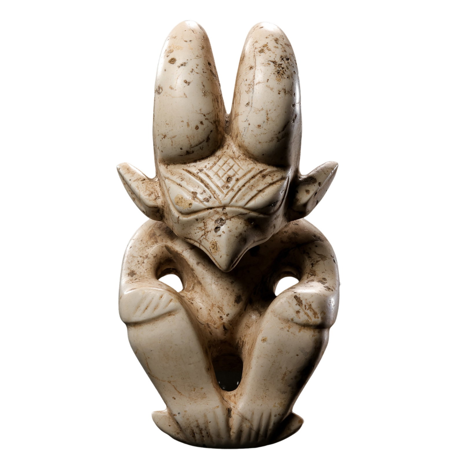 Neolithic Hongshan Culture Calcified White Jade Bird-Beaked Sun Deity Pendant: 7500–2900 BCE; H. 9 cm, W. 5 cm; Weight 131 g; H. approx. 3.54 in, W. approx. 1.97 inCondition and Provenance: Good condition, with the overall form intact, warm jade texture, calcified “chicken-b