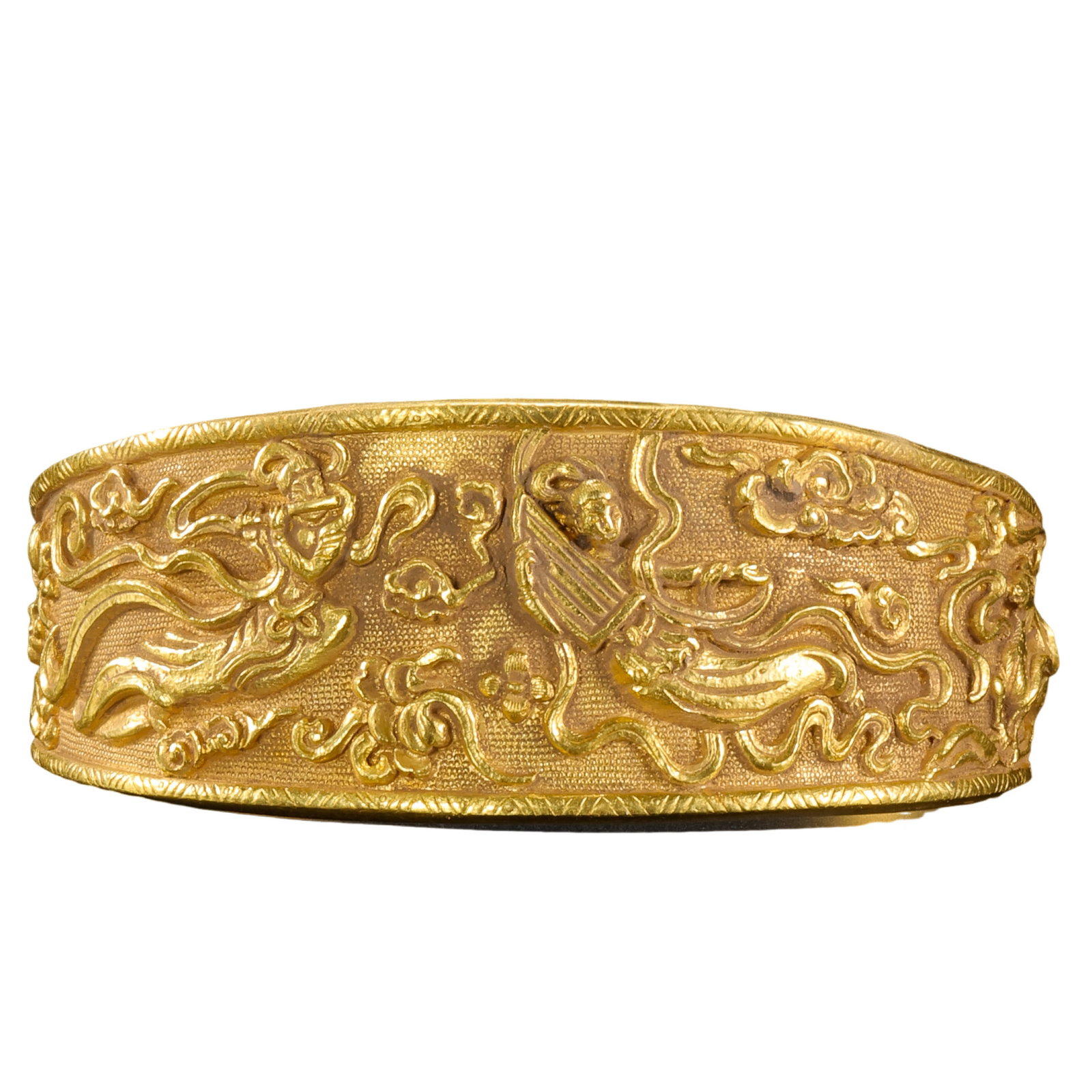 Tang Dynasty Pure Gold Bracelet with Apsara (Feitian) Motif: 7th–10th Century; Diam. 6.5 cm; Weight 77 g; Diam. approx. 2.56 inCondition and Provenance: Good condition, with the overall structure intact, warm gold luster, minor wear, fine surface scratches, a