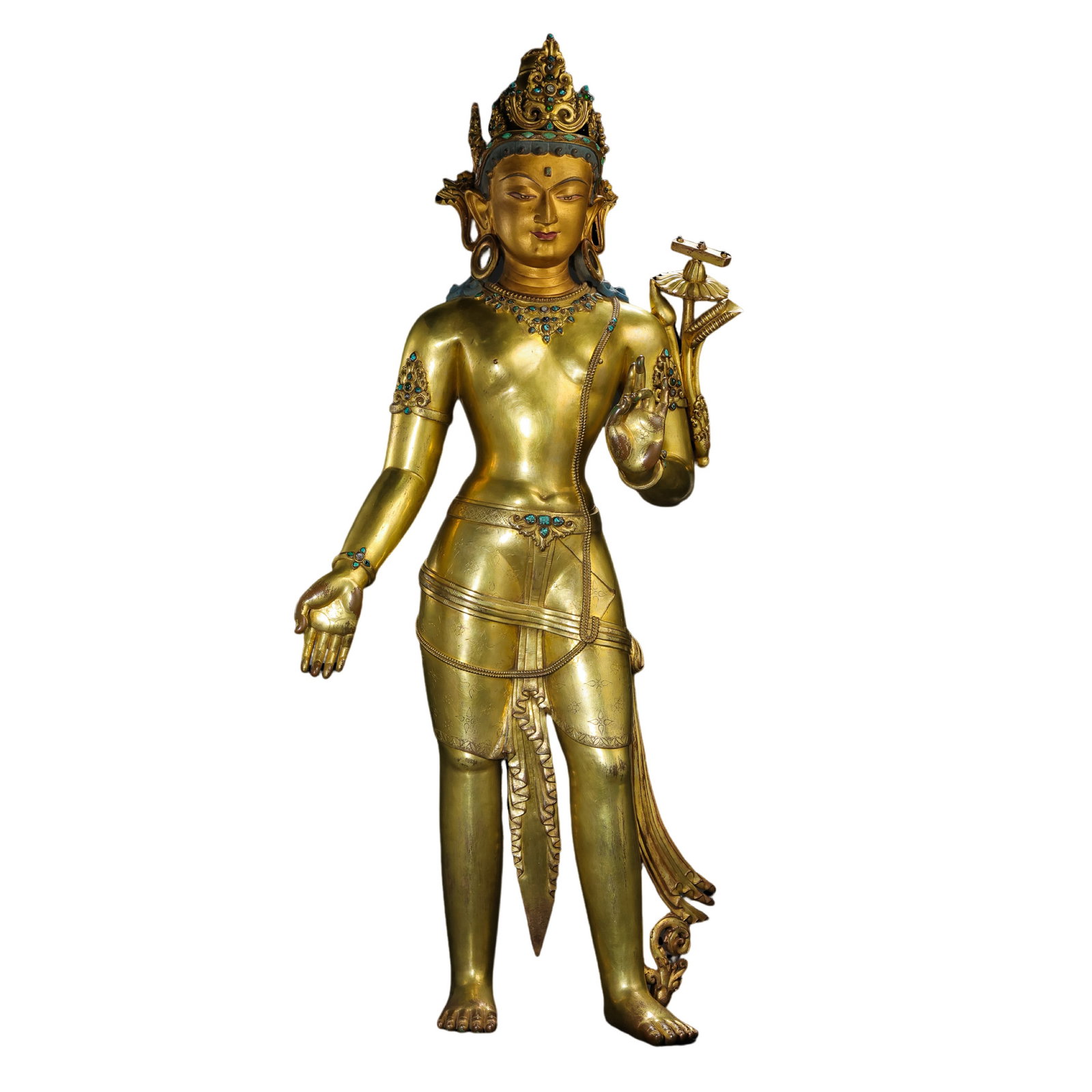A Tibetan Gilt-Bronze Jeweled Standing Buddha, 15th Century (1 of 8)