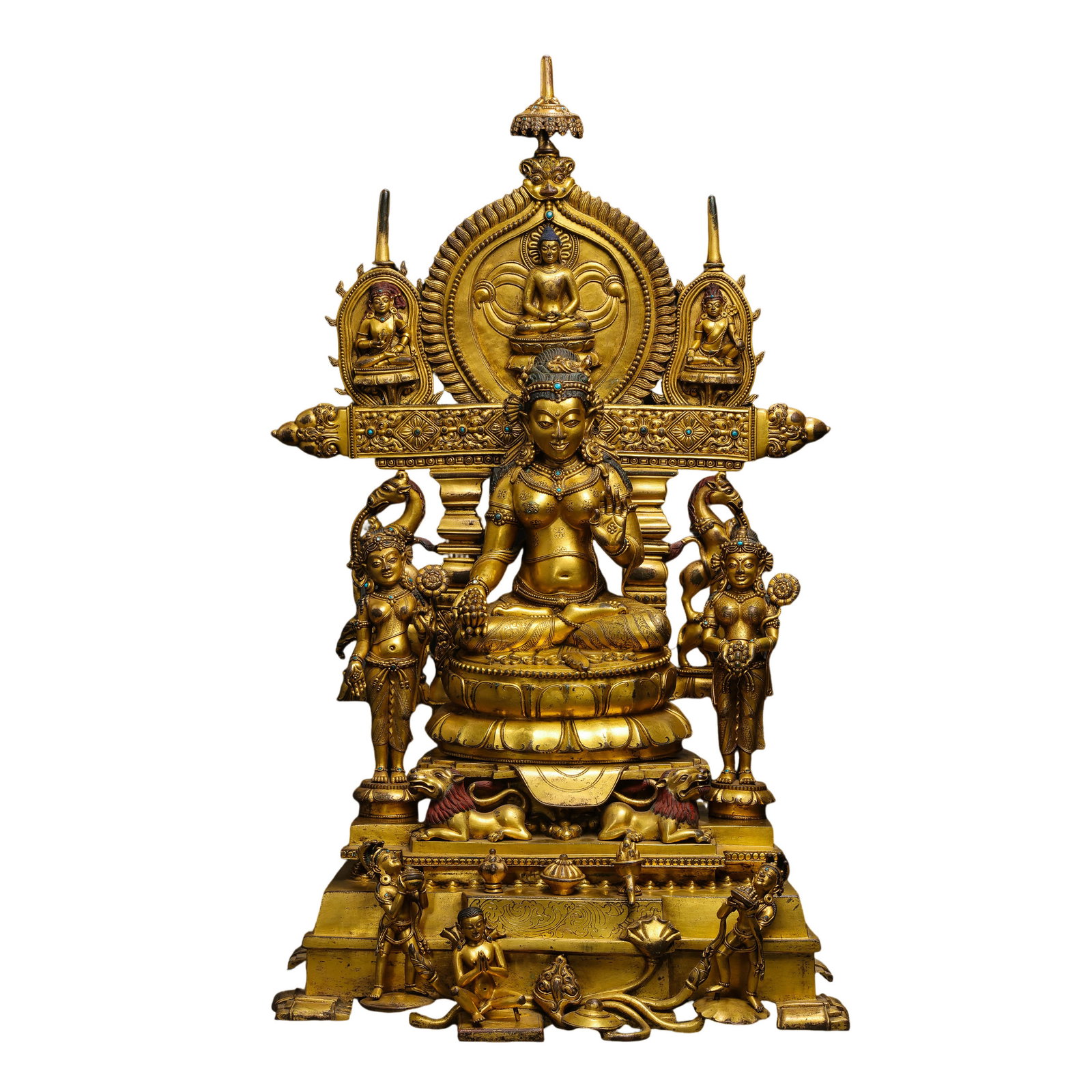 Tibetan Gilt-Bronze Jeweled Buddhist Shrine with Shakyamuni Buddha, 15th Century: approx. 71 cm (28.0 in), Width: approx. 42 cm (16.5 in), Weight: approx. 23.4 kg, 15th CenturyCondition & Provenance:?In good condition overall, with the structure well preserved. The gilding remains 