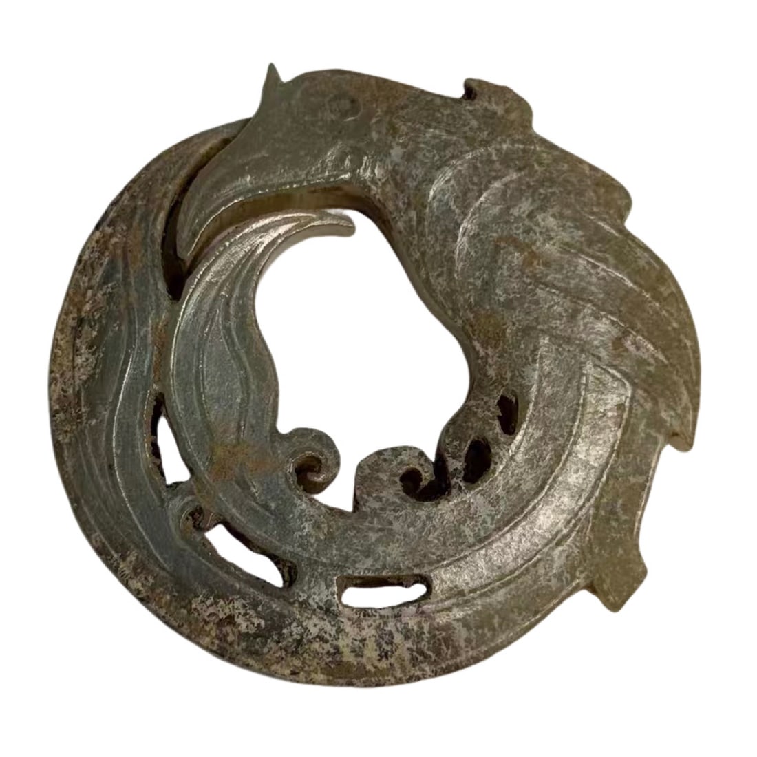A Hetian Jade Phoenix-Form Pendant, Shijiahe Culture, Neolithic Period: approx. 5.9 cm (2.3 in), circa 2500–2000 BCE, 3rd Millennium BCECondition & Provenance:?In good condition overall, with areas of natural alteration, calcification, burial staining, and age-related s
