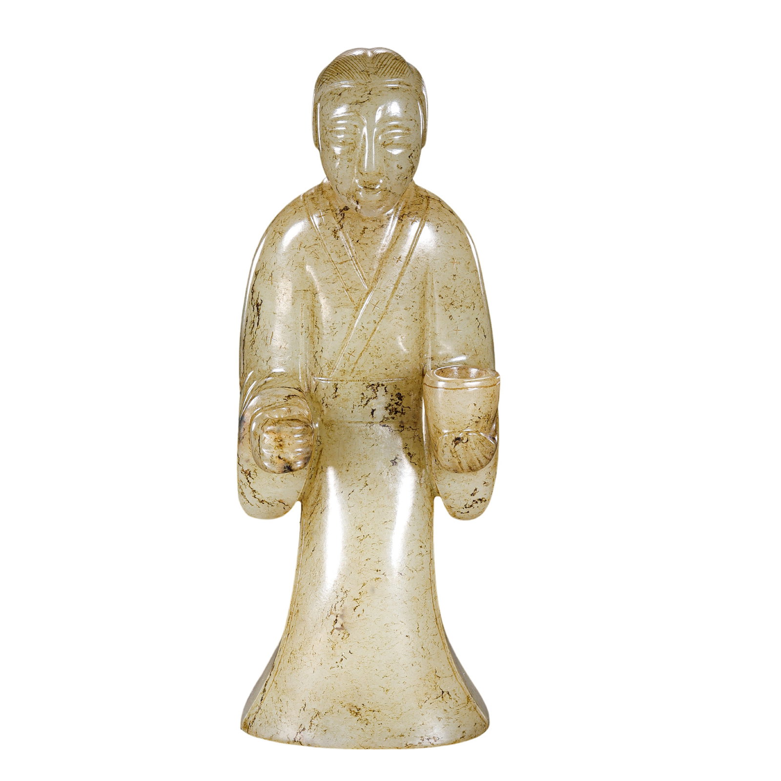 A Hetian Jade Standing Figure Holding a Cup, Warring States Period: approx. 14.5 cm (5.7 in), Width: approx. 4.5 cm (1.8 in), Weight: approx. 408 g, 5th–3rd Century BCECondition & Provenance:?In good condition overall. The jade has a smooth, warm surface, with natur