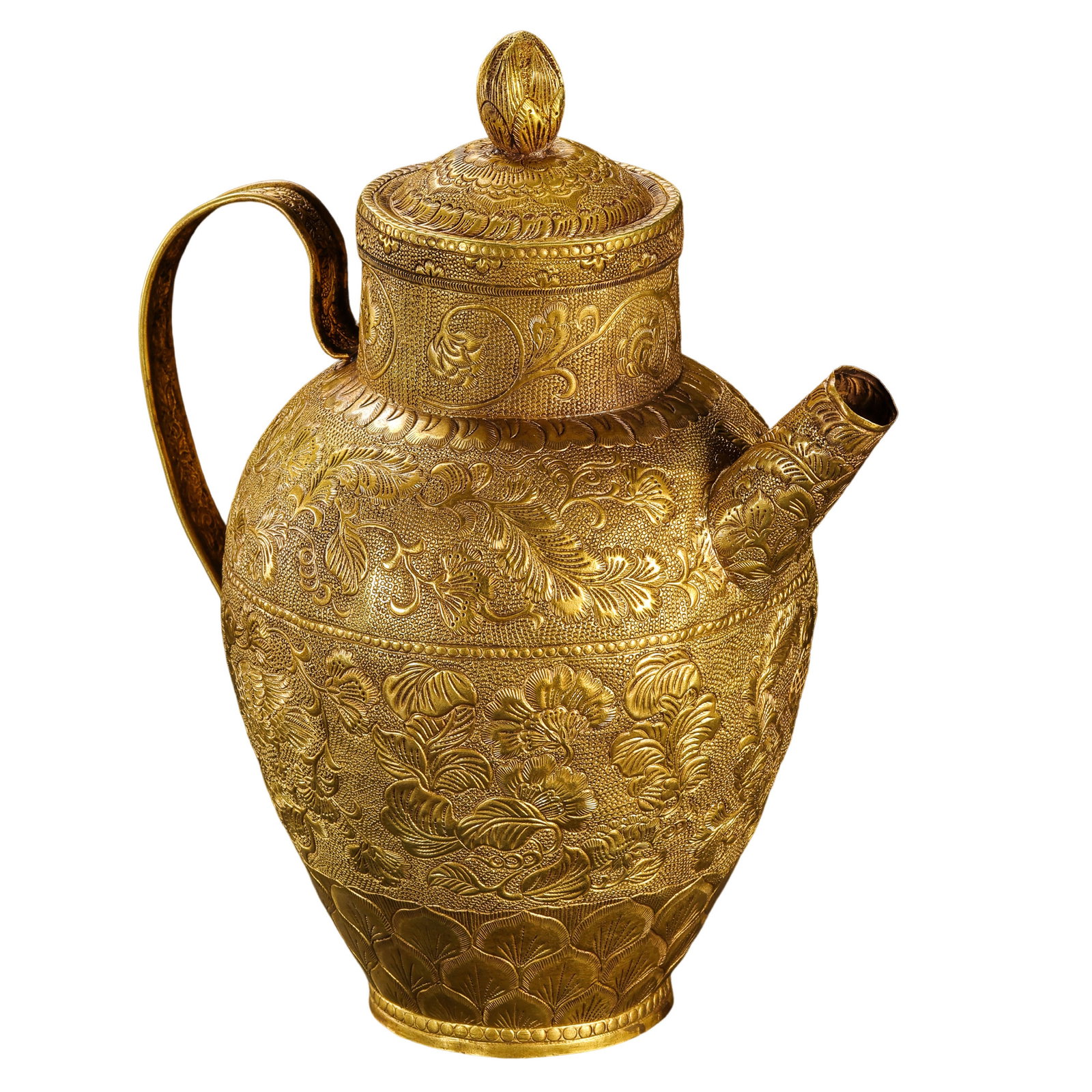Tang-Dynasty Pure Gold Ewer with Chased Floral Decoration: approx. 16.5 cm (6.5 in), Width: approx. 13.5 cm (5.3 in), Weight: approx. 143 g, 7th–10th CenturyCondition & Provenance:?In good condition overall, with the form well preserved and the gold surface