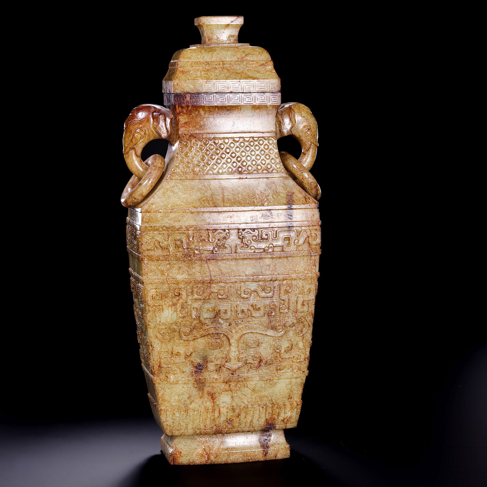 Hetian Jade Archaistic Square Vase with Beast-Head Handles and Loose Rings, Qing Dynasty (1 of 10)