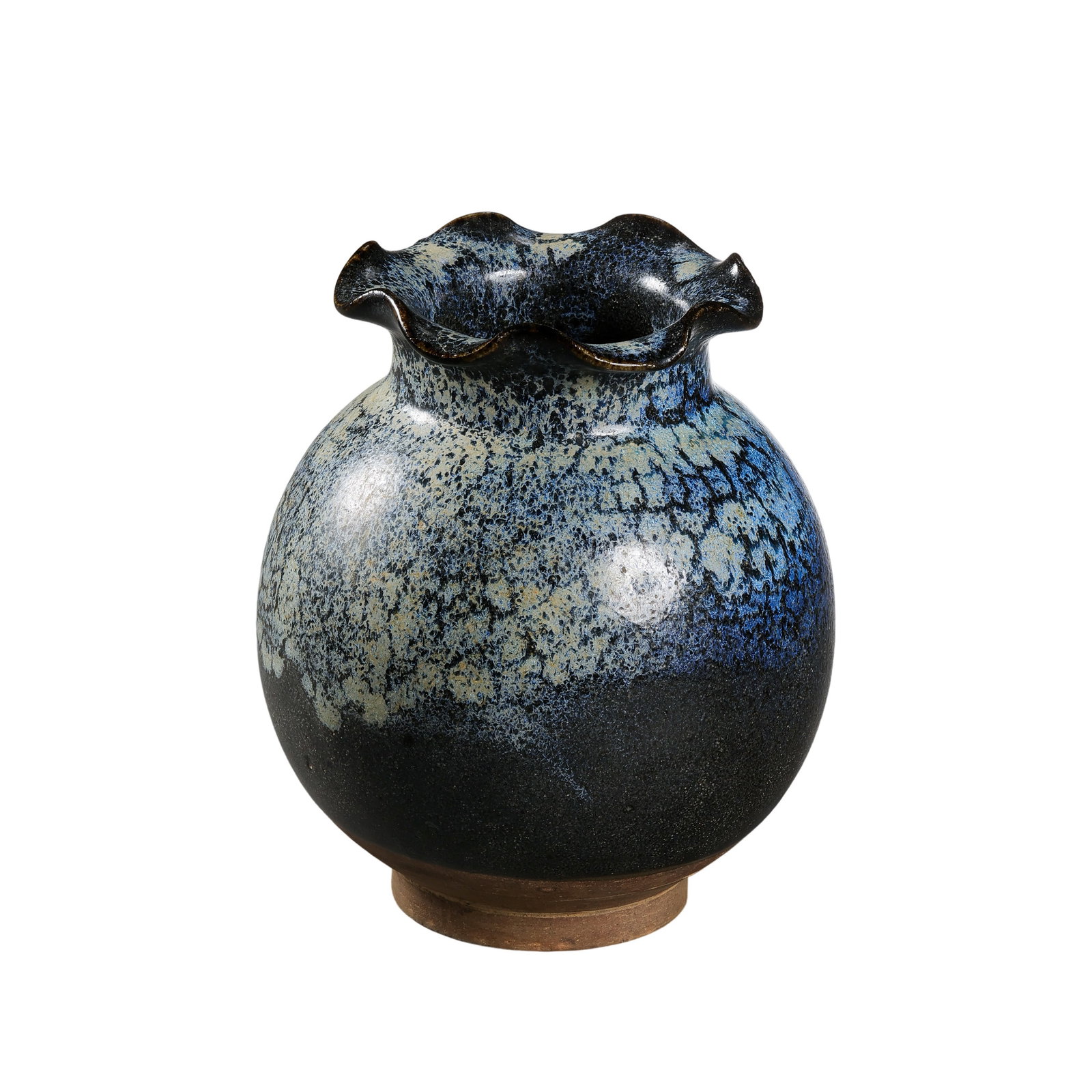 Tang-Dynasty Blue-Glazed Lobed-Mouth Vase: approx. 15.5 cm (6.1 in), Width: approx. 13 cm (5.1 in), 7th–10th CenturyCondition & Provenance:?In good condition overall, with the form well preserved. The glaze shows natural flowing effects, ric