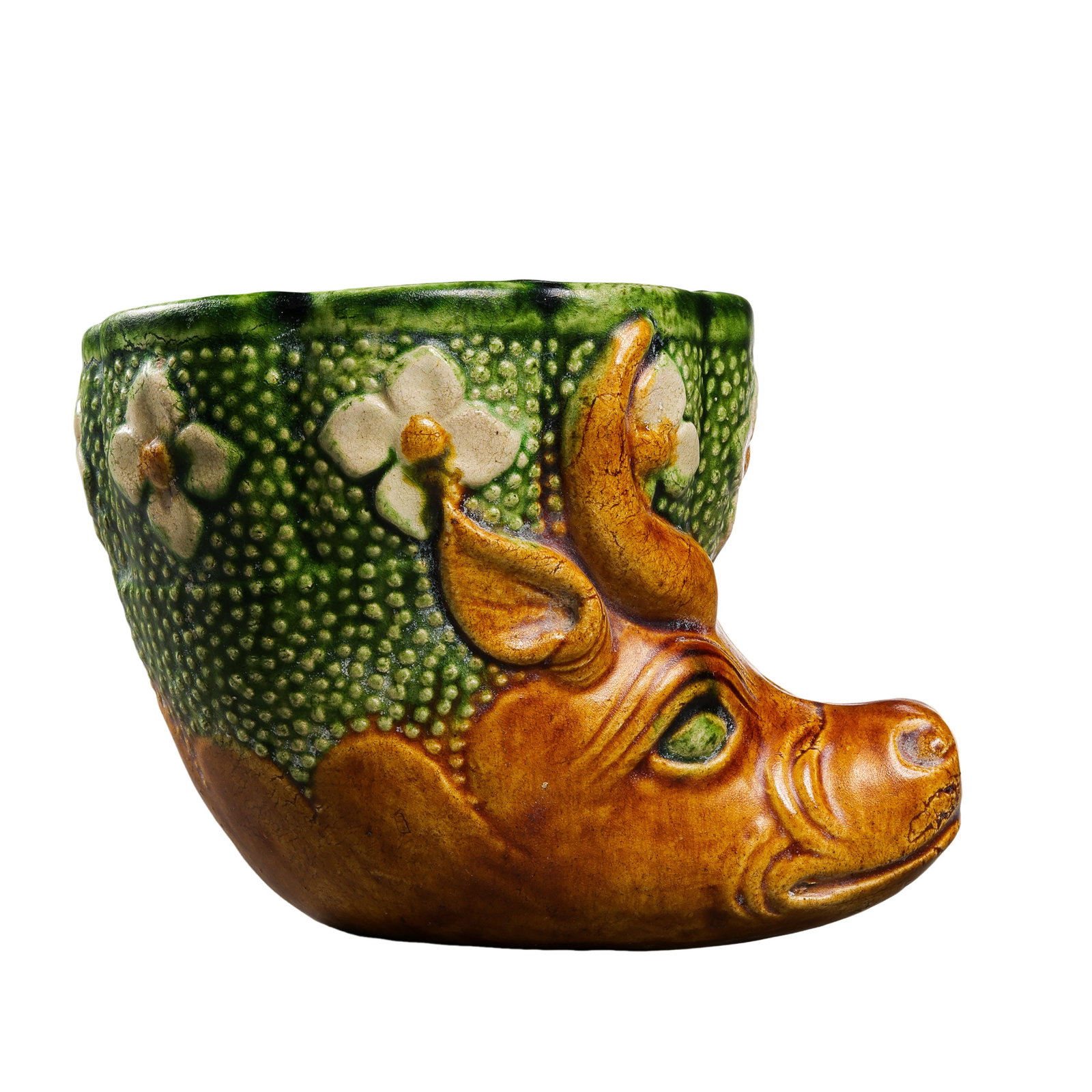 Tang-Dynasty Sancai Ox-Head Cup: approx. 11.5 cm (4.5 in), Height: approx. 8.2 cm (3.2 in), 7th–10th CenturyCondition & Provenance:?In good condition overall, with the form well preserved. The sancai glaze remains strong, with natu