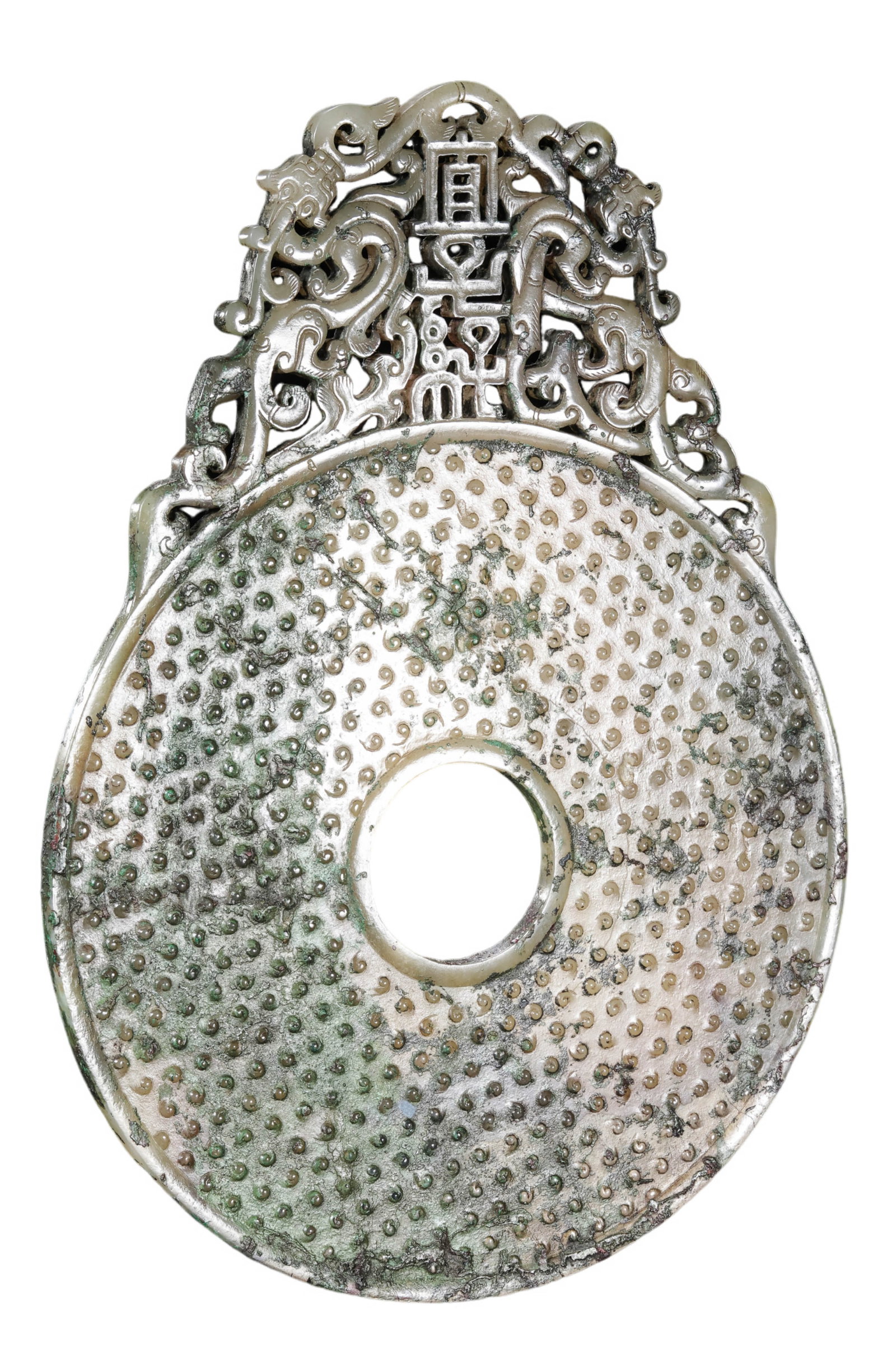 Hetian Jade Openwork Dragon-and-Phoenix Bi Disc, Warring States Period: approx. 22 cm (8.7 in), Width: approx. 16 cm (6.3 in), Weight: approx. 285 g, 5th–3rd Century BCECondition & Provenance:?In good condition overall. The jade shows natural alteration, calcification, 
