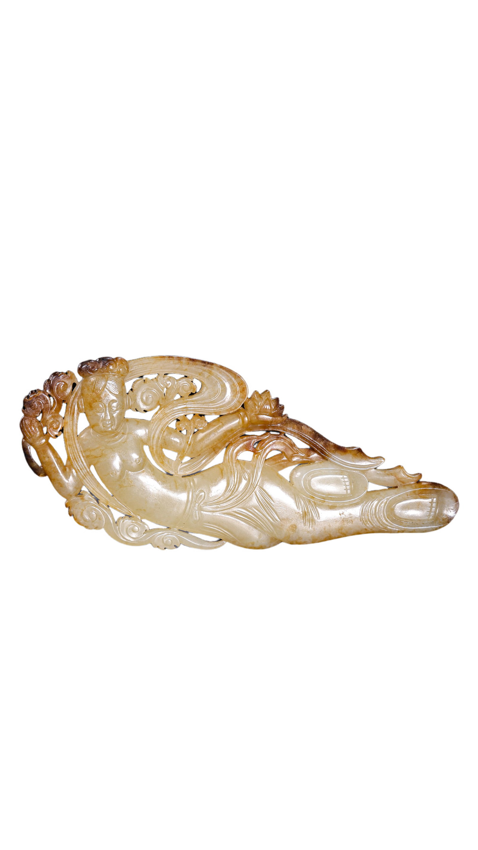 Hetian Jade Openwork Flying Apsara Pendant, Tang Dynasty: approx. 13 cm (5.1 in), Height: approx. 5.5 cm (2.2 in), Weight: approx. 79 g, 7th–10th CenturyCondition & Provenance:?In good condition overall. The jade is smooth and softly lustrous, with natural