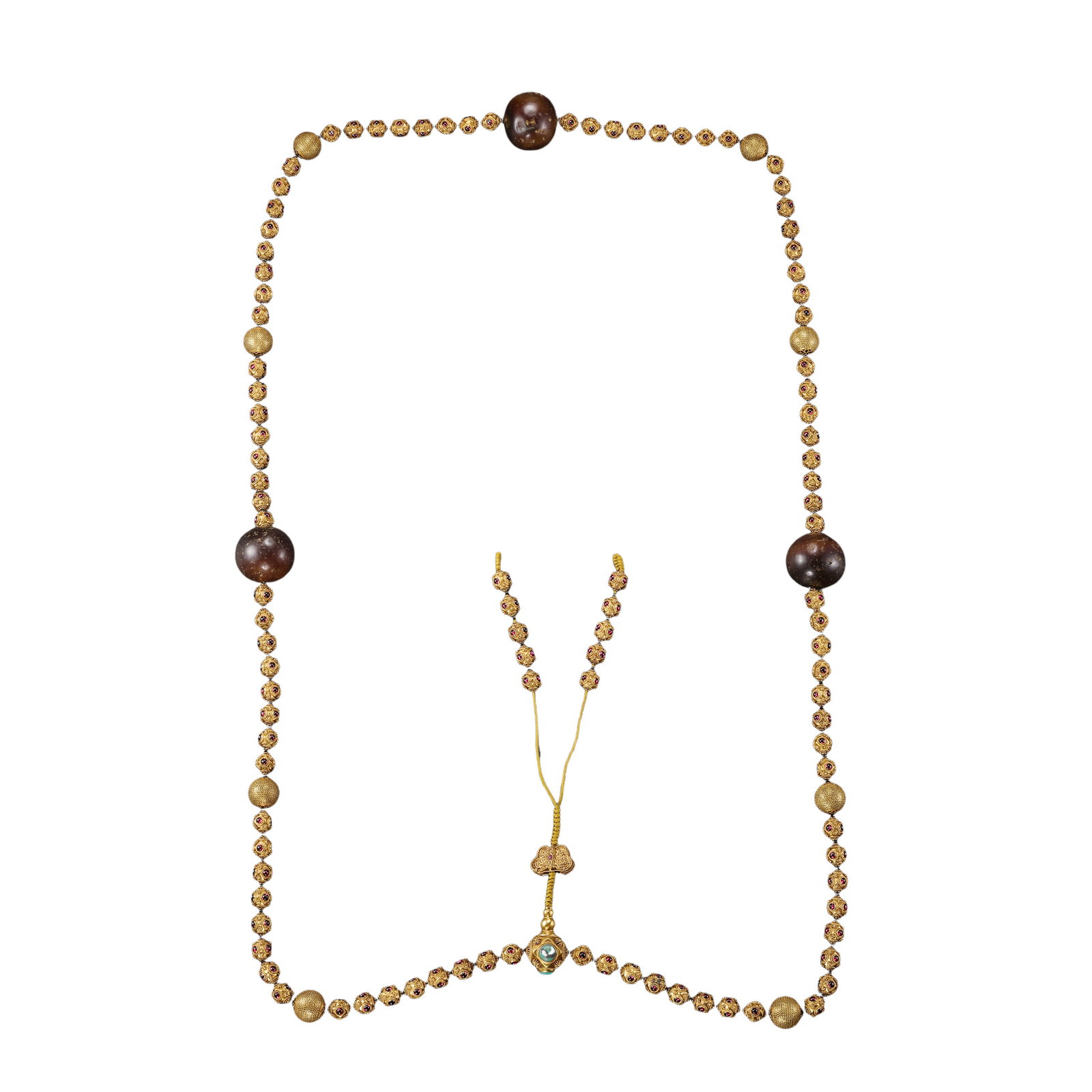 Qing-Dynasty Pure Gold Jeweled Bead Necklace: approx. 30 mm (1.2 in), Gold Beads: approx. 12 mm (0.5 in),, Weight: approx. 598 g, 18th–19th CenturyCondition & Provenance:?In good condition overall. The gold retains a strong luster, the bead str