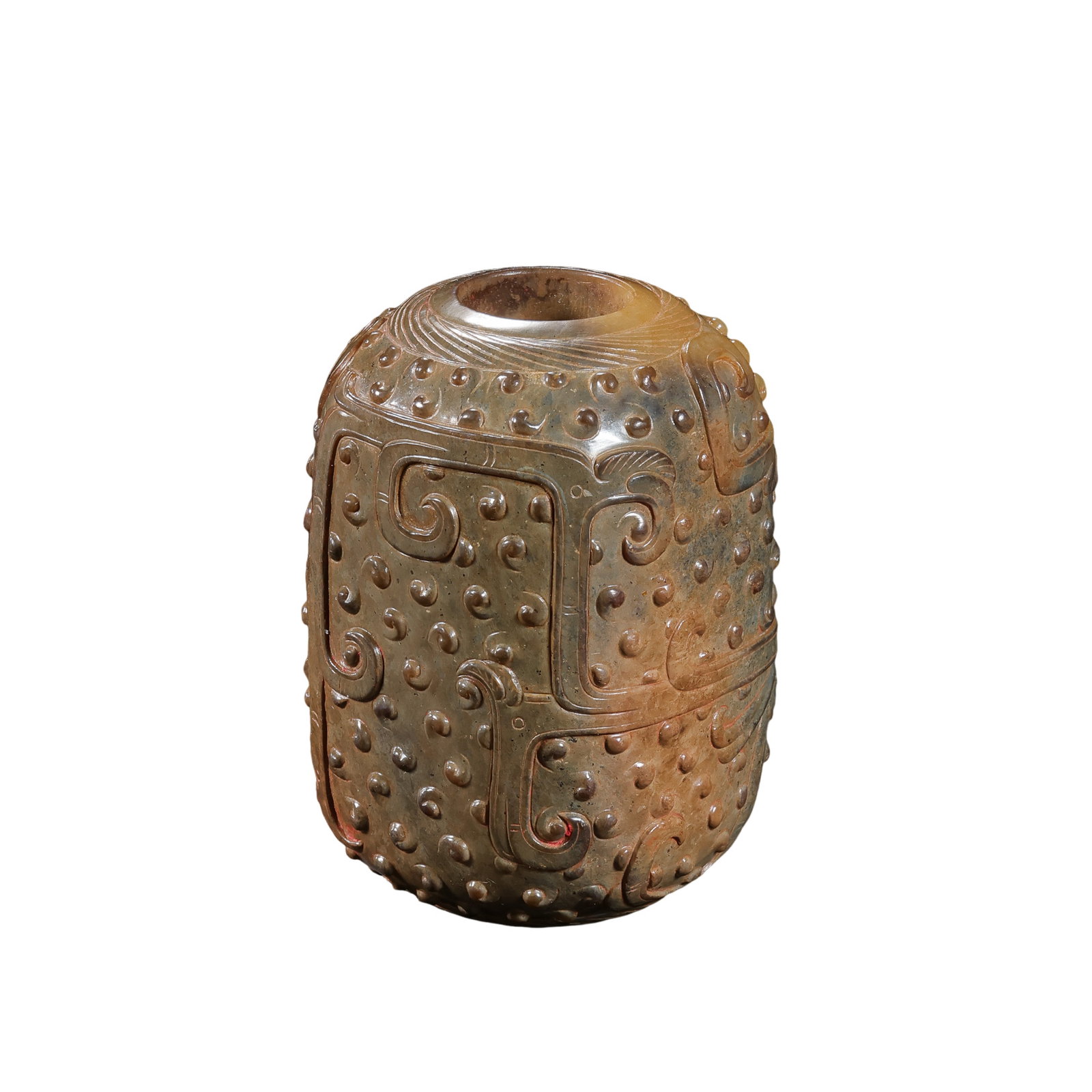 Hetian Jade Bead with Grain and Cloud-Thunder Patterns, Warring States Period: approx. 6 cm (2.4 in), Width: approx. 4 cm (1.6 in), Weight: approx. 191 g, 5th–3rd Century BCECondition & Provenance:?In good condition overall. The jade shows a warm surface, with natural staining