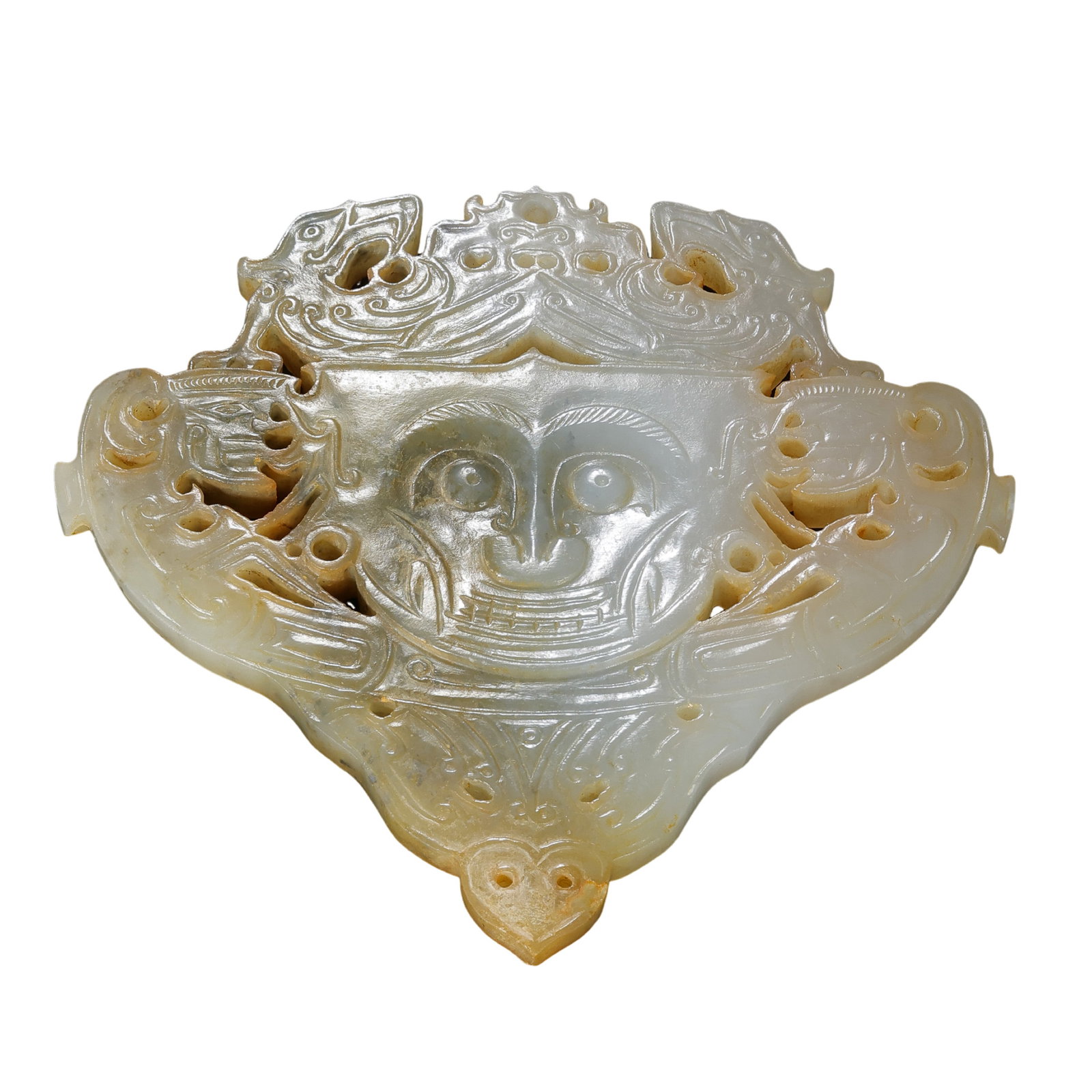 Hetian Jade Disc-Form Pendant with Divine Figure and Animal-Mask Motifs, Shijiahe Culture, Neolithic: approx. 17 cm (6.7 in), Height: approx. 10 cm (3.9 in), Weight: approx. 119 g, circa 2500–2000 BCE, 3rd Millennium BCECondition & Provenance:?In good condition overall, with natural alteration, calc