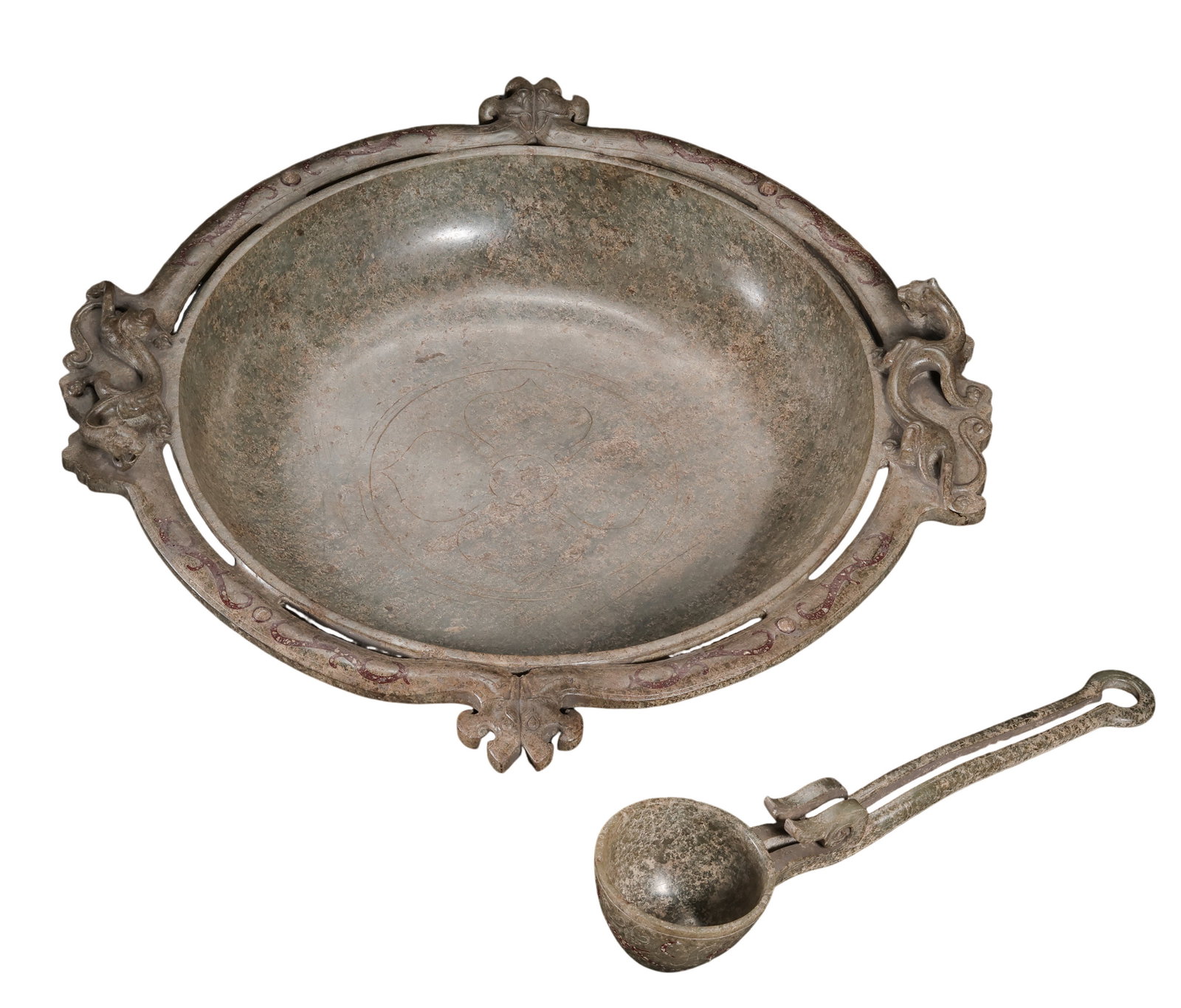 Hetian Jade Ritual Dish with Spoon, Warring States Period: approx. 30.5 cm (12.0 in), Spoon Length: approx. 21.5 cm (8.5 in), Weight: approx. 1,289 g, 5th–3rd Century BCECondition & Provenance:?In good condition overall. The jade shows natural staining, cal