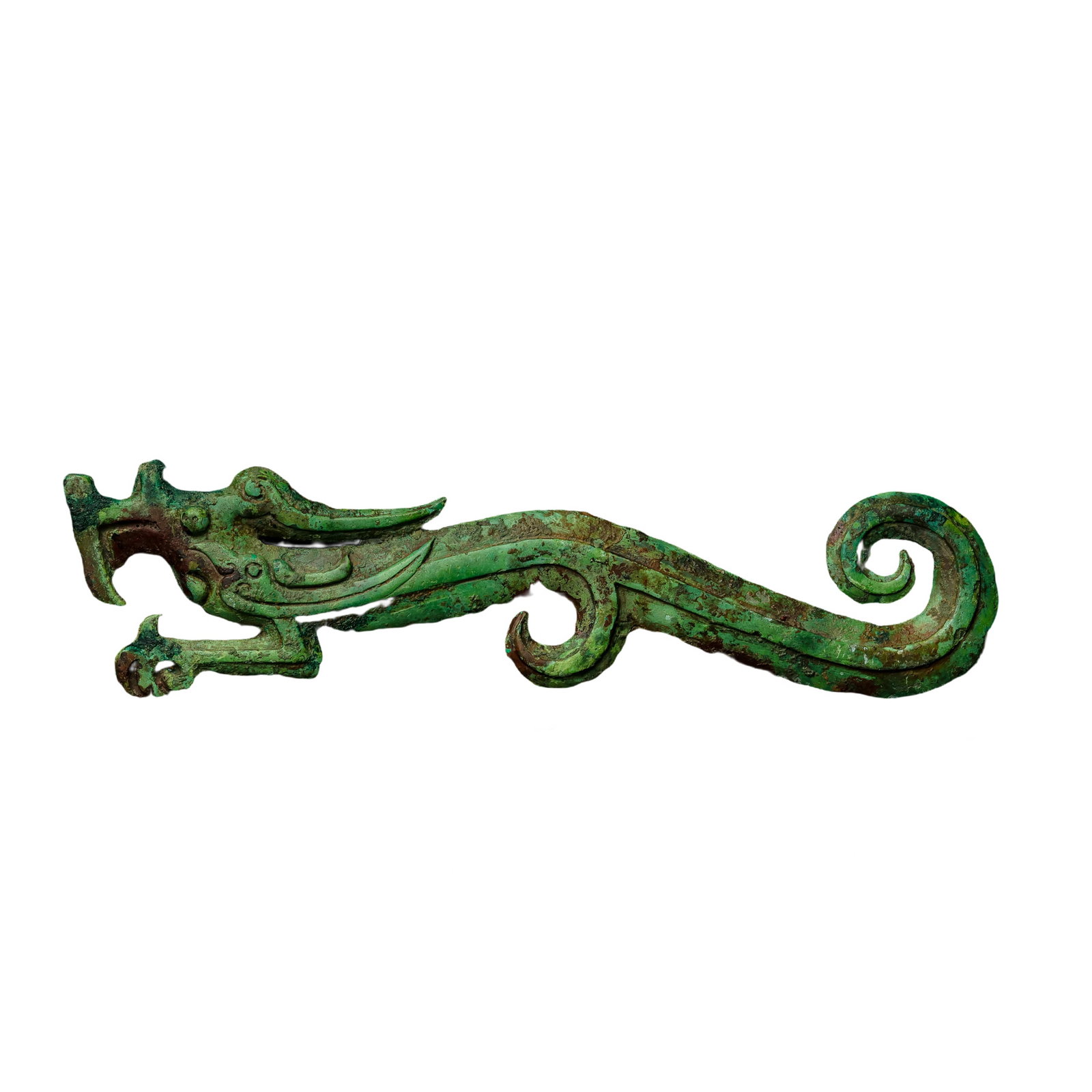 Bronze Dragon-Form Ornament, Warring States Period: approx. 21.5 cm (8.5 in), Height: approx. 5.5 cm (2.2 in), Weight: approx. 297 g, 5th–3rd Century BCECondition & Provenance:?In good condition overall, with the form well preserved. The surface show