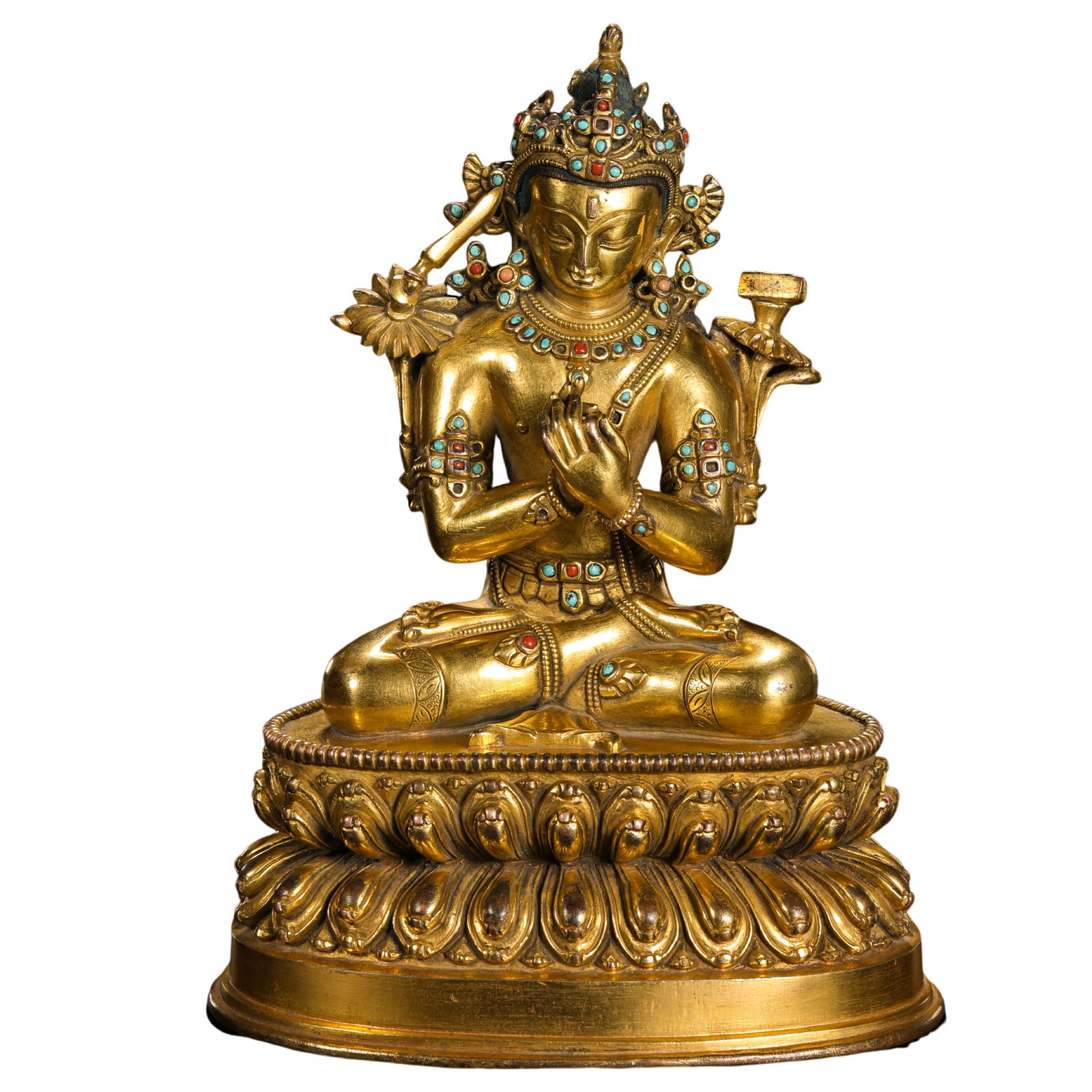 Gilt-Bronze Jeweled Seated Bodhisattva, 18th Century: approx. 20 cm (7.9 in), Width: approx. 14.5 cm (5.7 in), Weight: approx. 1,550 g, 18th CenturyCondition & Provenance:?In good condition overall. The gilding is well preserved, with minor oxidation, su