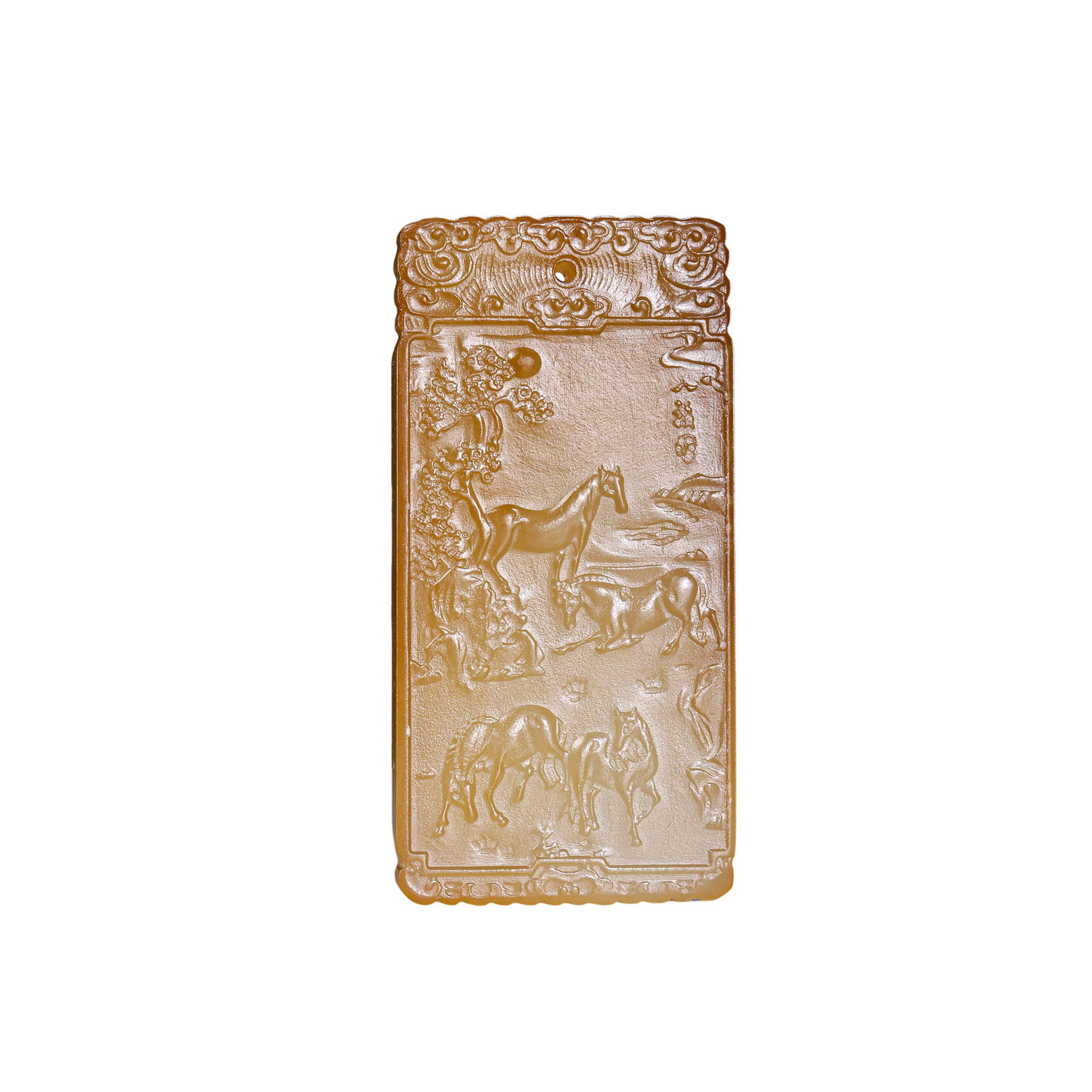 Hetian Jade Plaque with Horses in a Landscape, Qing Dynasty: approx. 6.5 cm (2.6 in), Width: approx. 3.2 cm (1.3 in), Weight: approx. 39 g, 18th–19th CenturyCondition & Provenance:?In good condition overall. The jade is smooth and lustrous, with the plaque fo