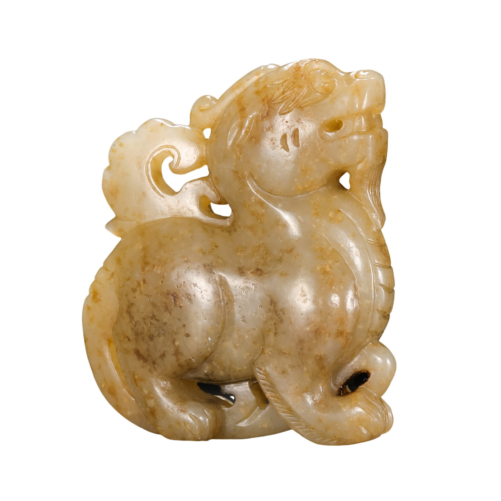 Hetian Jade Auspicious Beast Pendant, Ming Dynasty: approx. 6.5 cm (2.6 in), Width: approx. 5.5 cm (2.2 in), Weight: approx. 112 g, 14th–17th CenturyCondition & Provenance:?In good condition overall. The jade is warm and lustrous, with the form well 