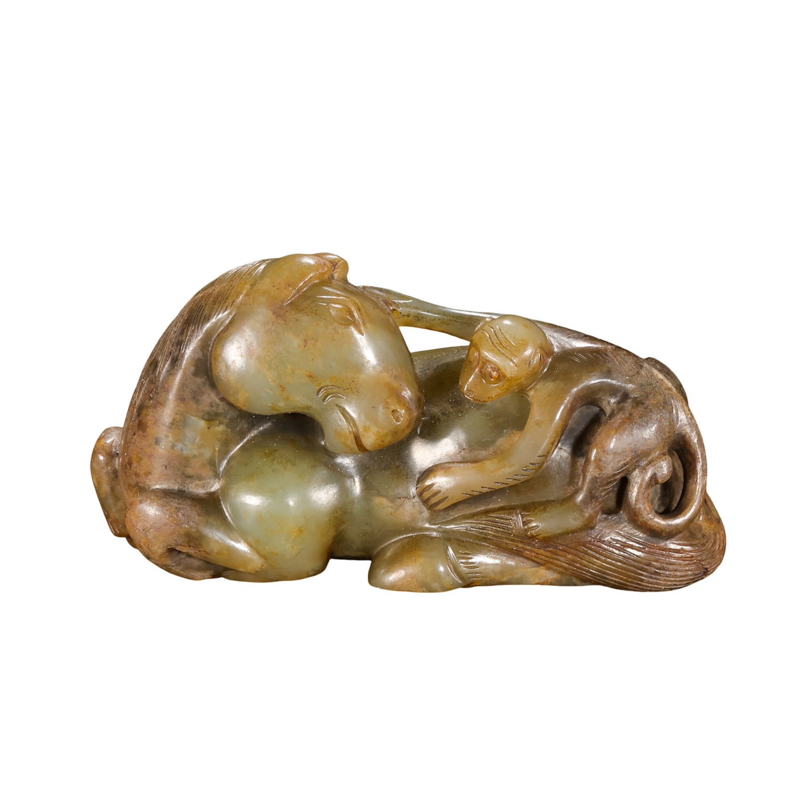Hetian Jade “Monkey on Horseback?? Group, Qing Dynasty: approx. 7.2 cm (2.8 in), Height: approx. 3.8 cm (1.5 in), Weight: approx. 105 g, 18th–19th CenturyCondition & Provenance:?In good condition overall. The jade is warm and lustrous, with russet-brown 