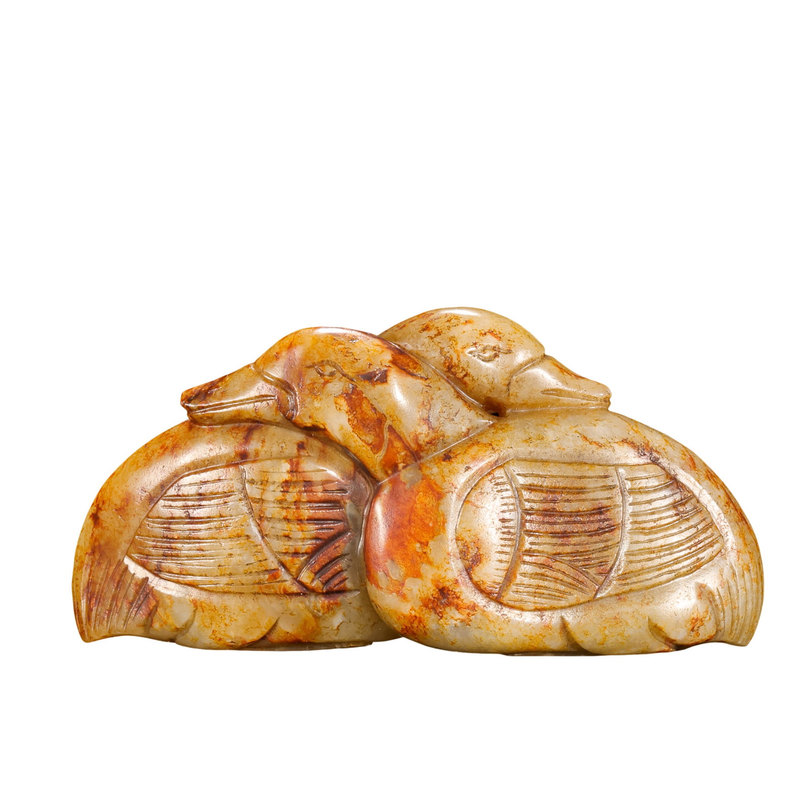 Hetian Jade Double Mandarin Duck Pendant, Liao-Jin Period: Length: approx. 7.8 cm (3.1 in), Height: approx. 4 cm (1.6 in), Weight: approx. 80 g, 10th–13th CenturyCondition & Provenance:?In good condition overall. The jade is warm and lustrous, with the form