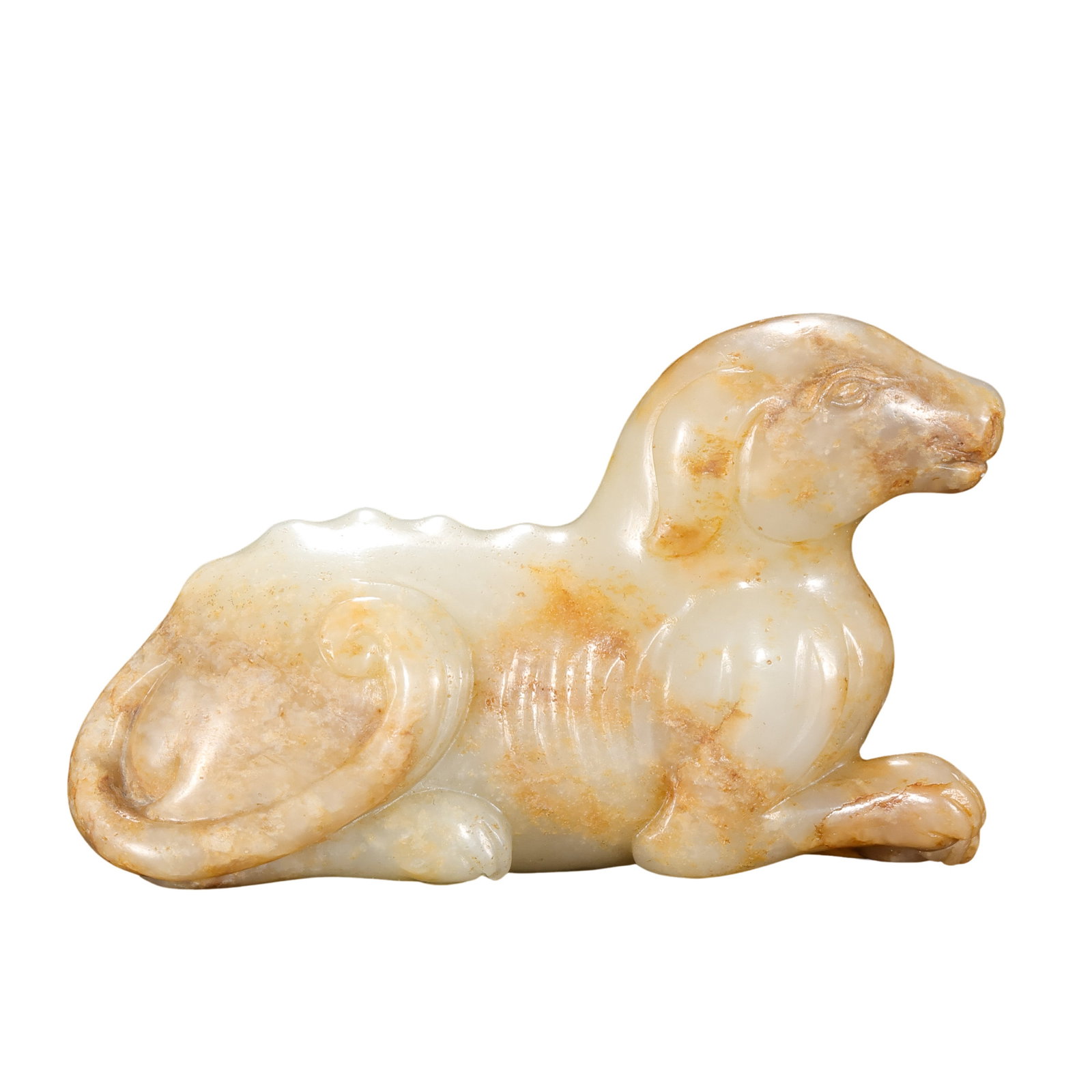 Hetian Jade Recumbent Dog Handpiece, Qing Dynasty: Length: approx. 9 cm (3.5 in), Height: approx. 5.3 cm (2.1 in), Weight: approx. 166 g, 18th–19th CenturyCondition & Provenance:?Overall in good condition. The jade is fine and smoothly polished, wit