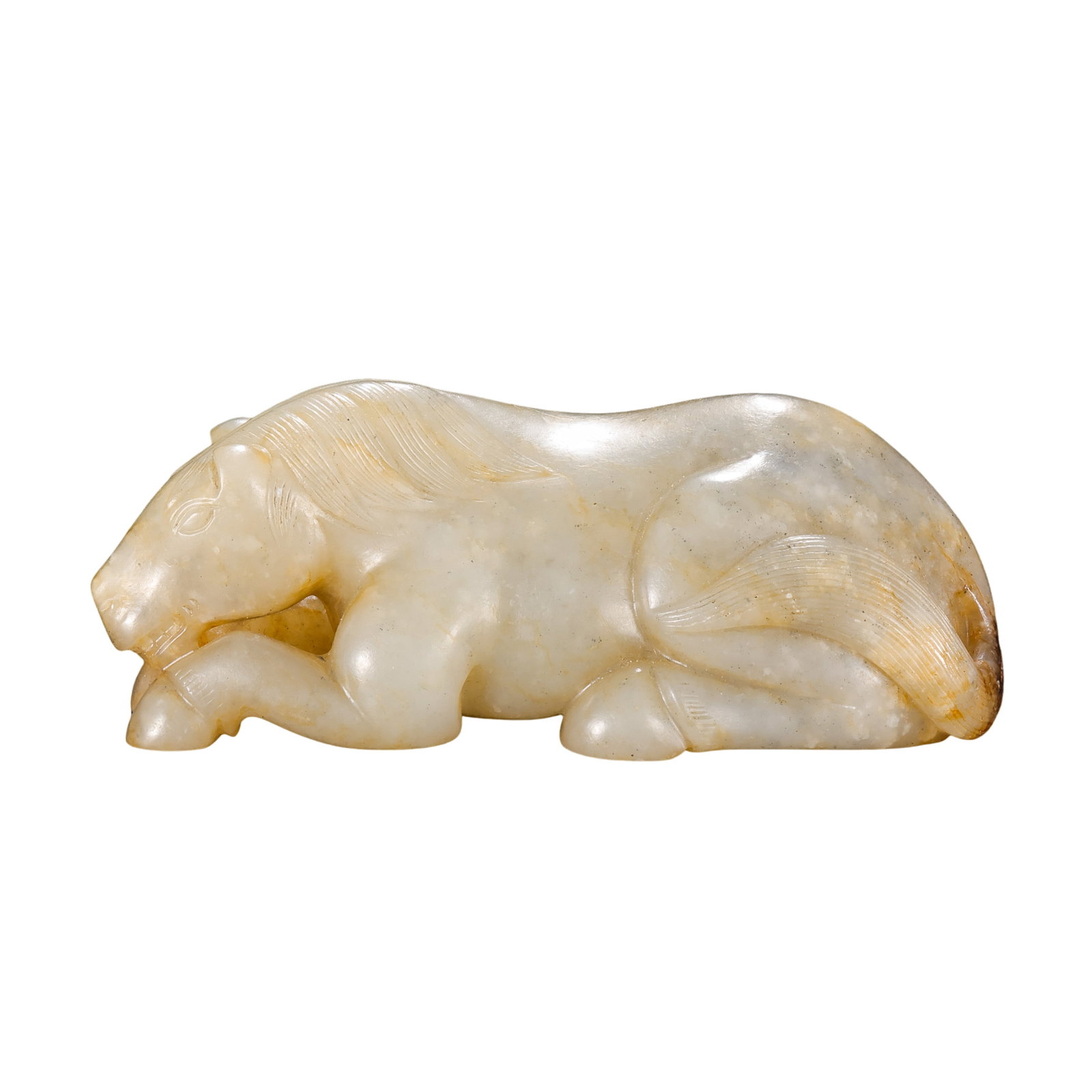 Qing Dynasty Hetian Jade Recumbent Horse Hand Piece: 18th–19th century; L. 9.5 cm (3.74 in), H. 3.5 cm (1.38 in); Wt. 166 gCondition & Provenance: Good condition, with natural russet inclusions, jade texture, and minor signs of handling; private colle