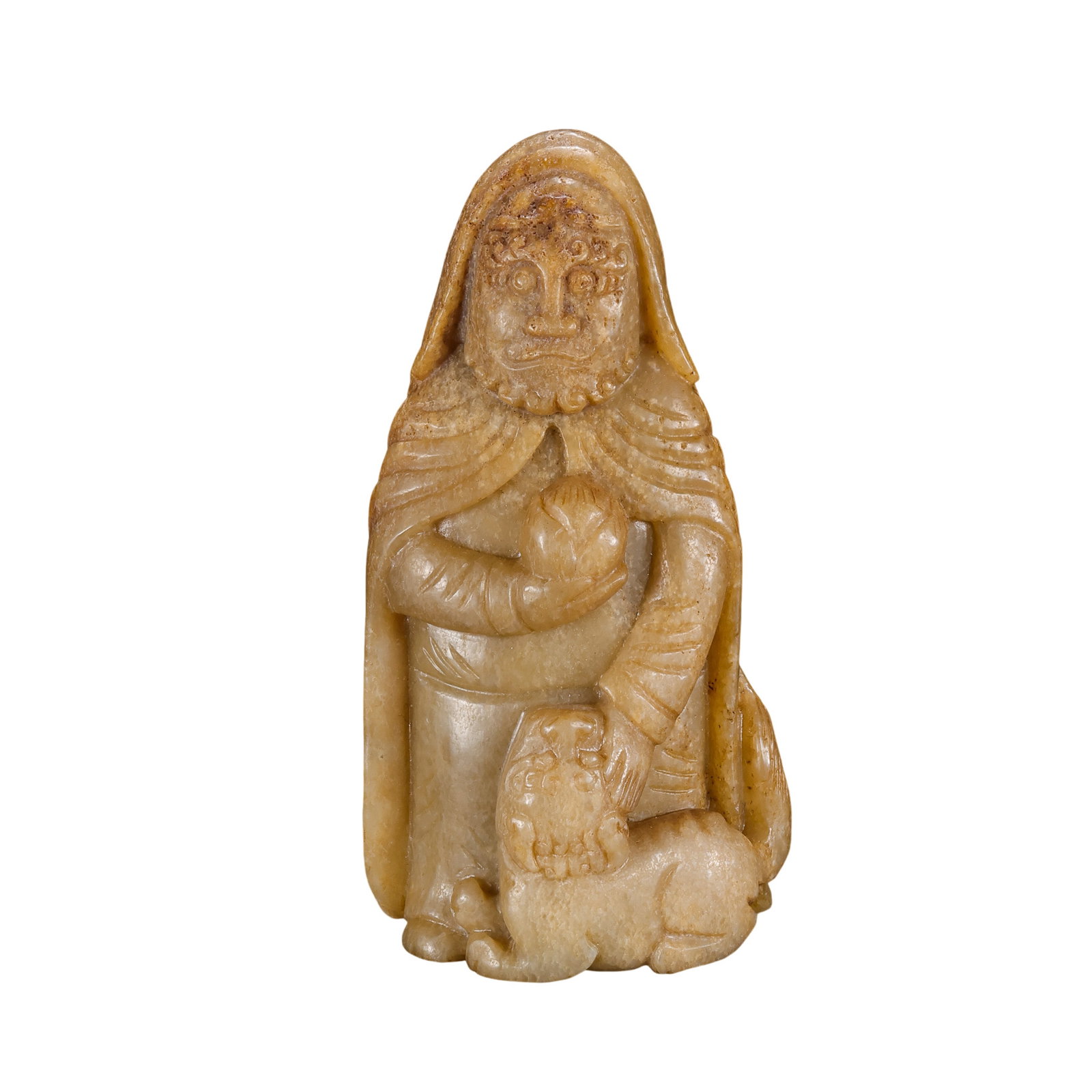 Qing Dynasty Hetian Jade Bodhidharma with Lion Hand Piece: 18th–19th century; H. 7.5 cm (2.95 in), W. 4 cm (1.57 in); Wt. 96 gCondition & Provenance: Good condition, with natural russet inclusions, jade texture, and minor handling wear; private collection,